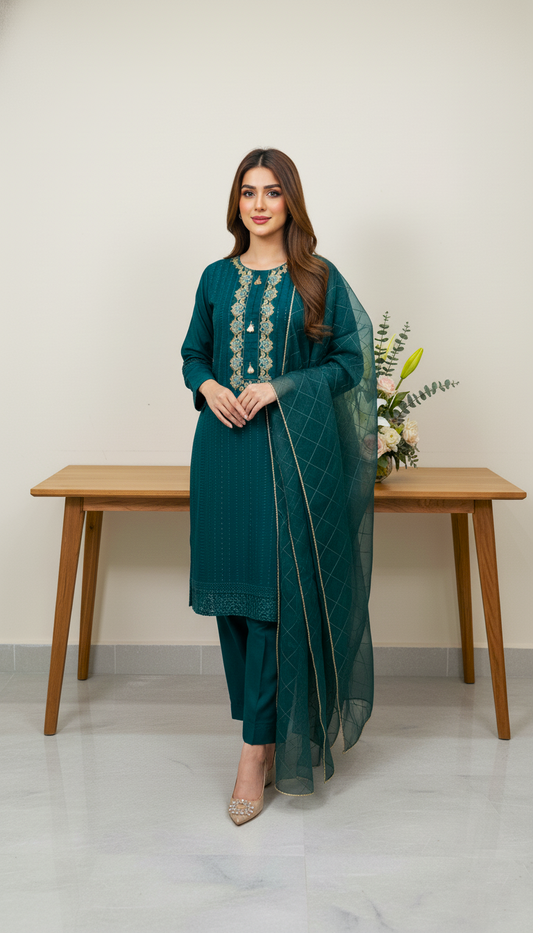 Ladies Organza Fancy Sheesha Gala Embroided Suit(Green)-PL00802