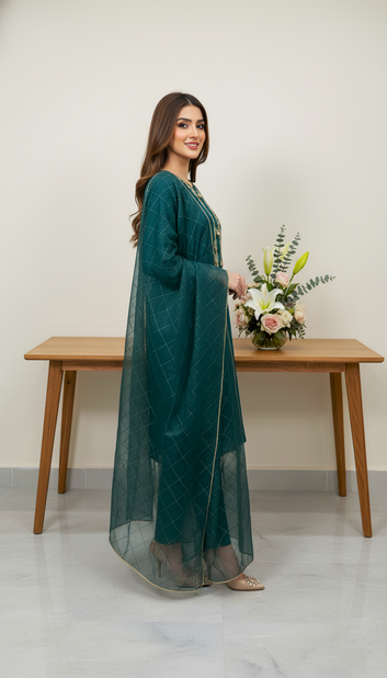 Ladies Organza Fancy Sheesha Gala Embroided Suit(Green)-PL00802