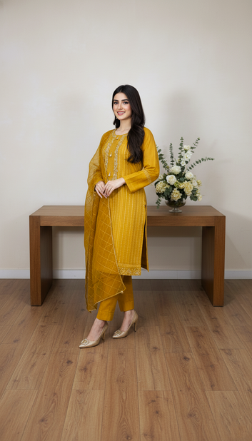 Ladies Organza Fancy Sheesha Gala Embroided Suit(Yellow)-PL00802