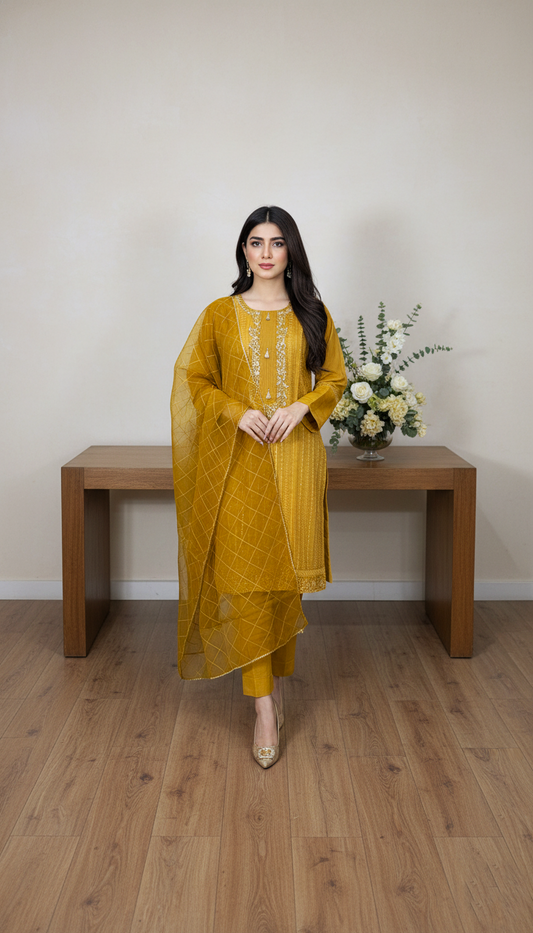 Ladies Organza Fancy Sheesha Gala Embroided Suit(Yellow)-PL00802