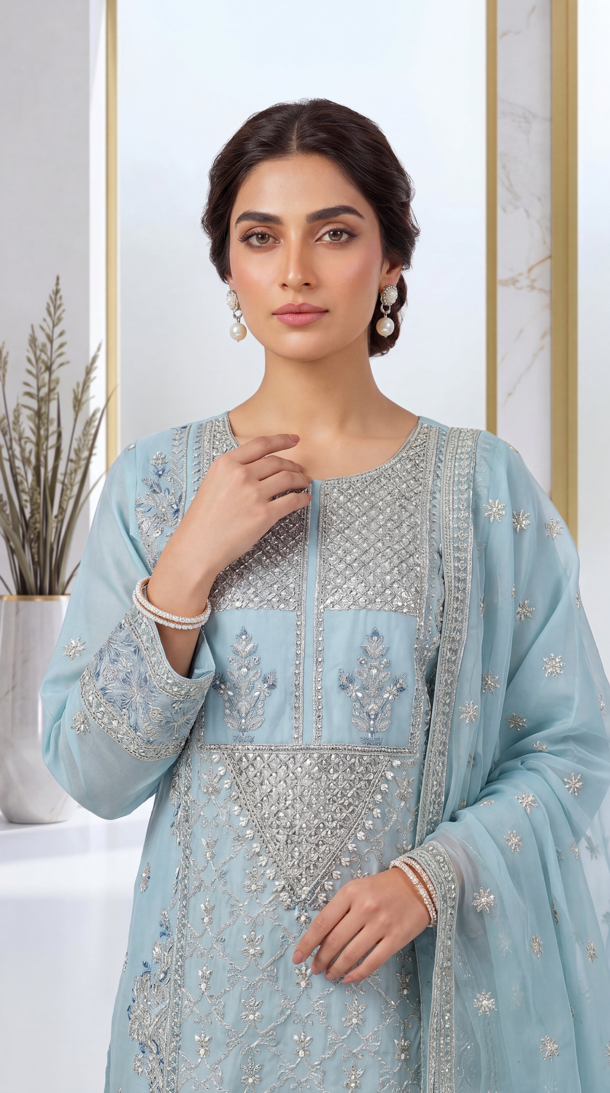 Navy Blue Traditional Neckline & Contrast Piping 3 Piece Women Suit - PL00811 FEROOZY / SML