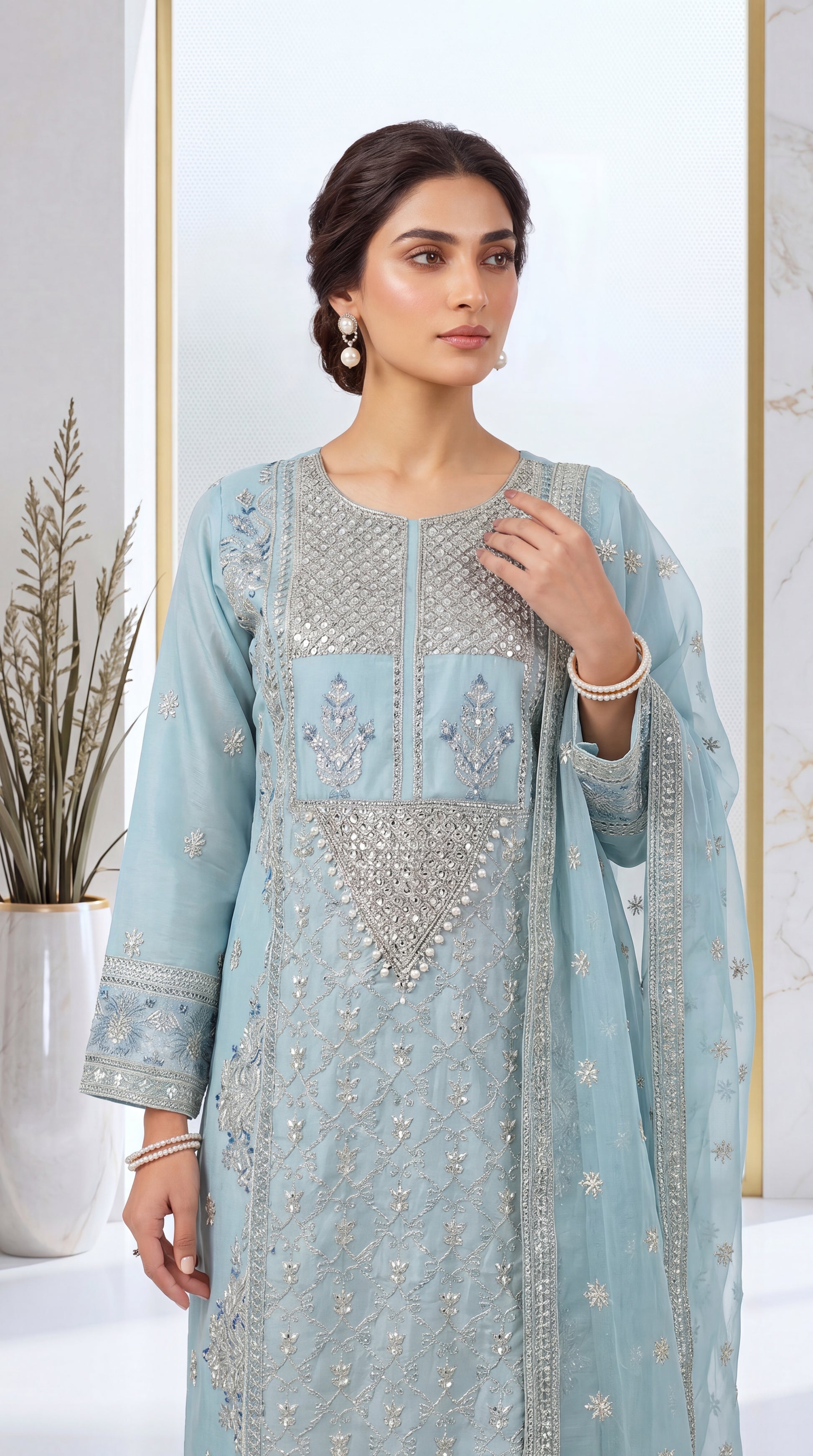 Navy Blue Traditional Neckline & Contrast Piping 3 Piece Women Suit - PL00811 FEROOZY / SML