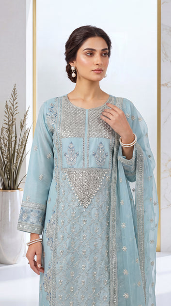 Navy Blue Traditional Neckline & Contrast Piping 3 Piece Women Suit - PL00811 FEROOZY / SML