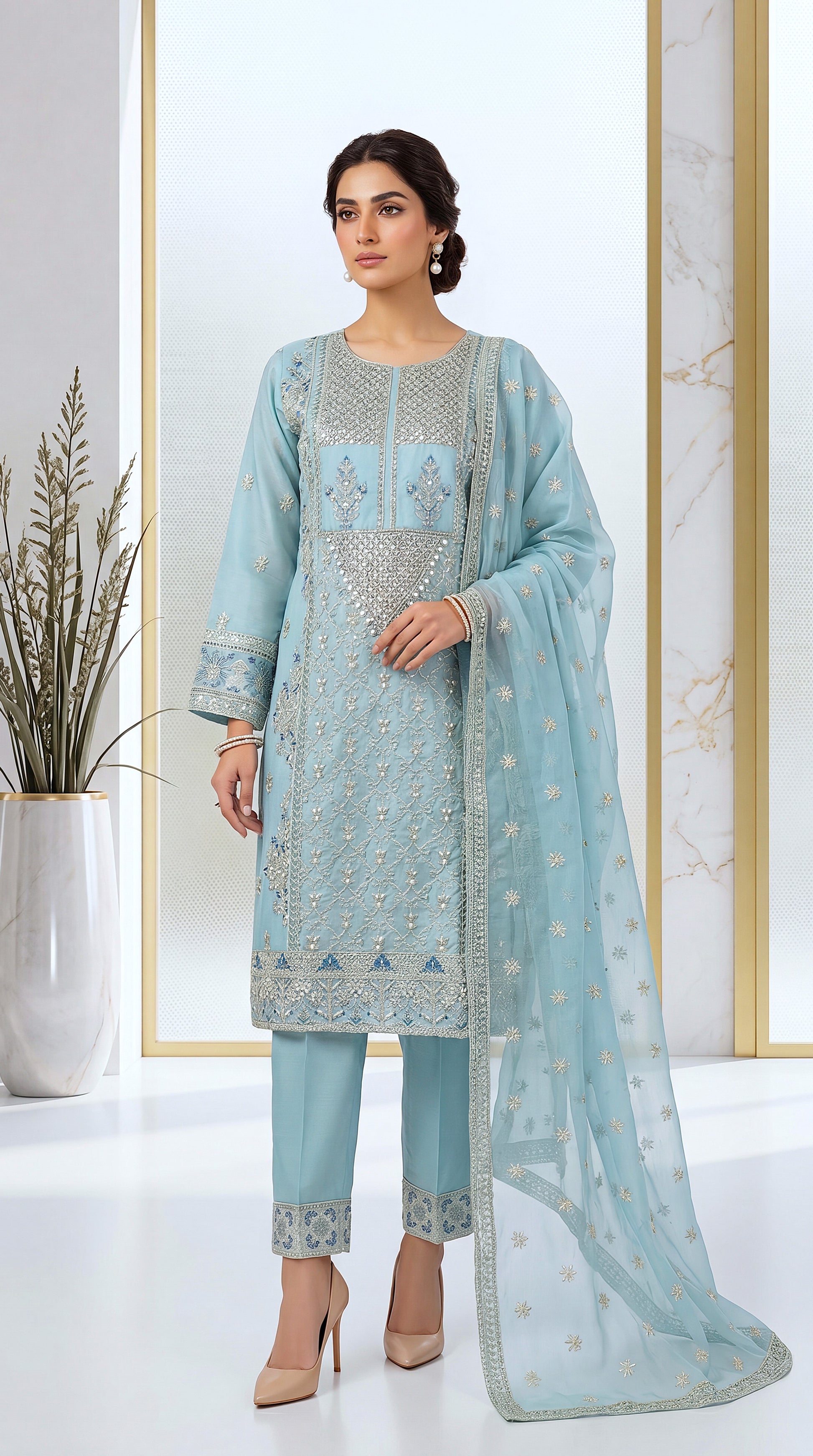 Navy Blue Traditional Neckline & Contrast Piping 3 Piece Women Suit - PL00811 FEROOZY / SML