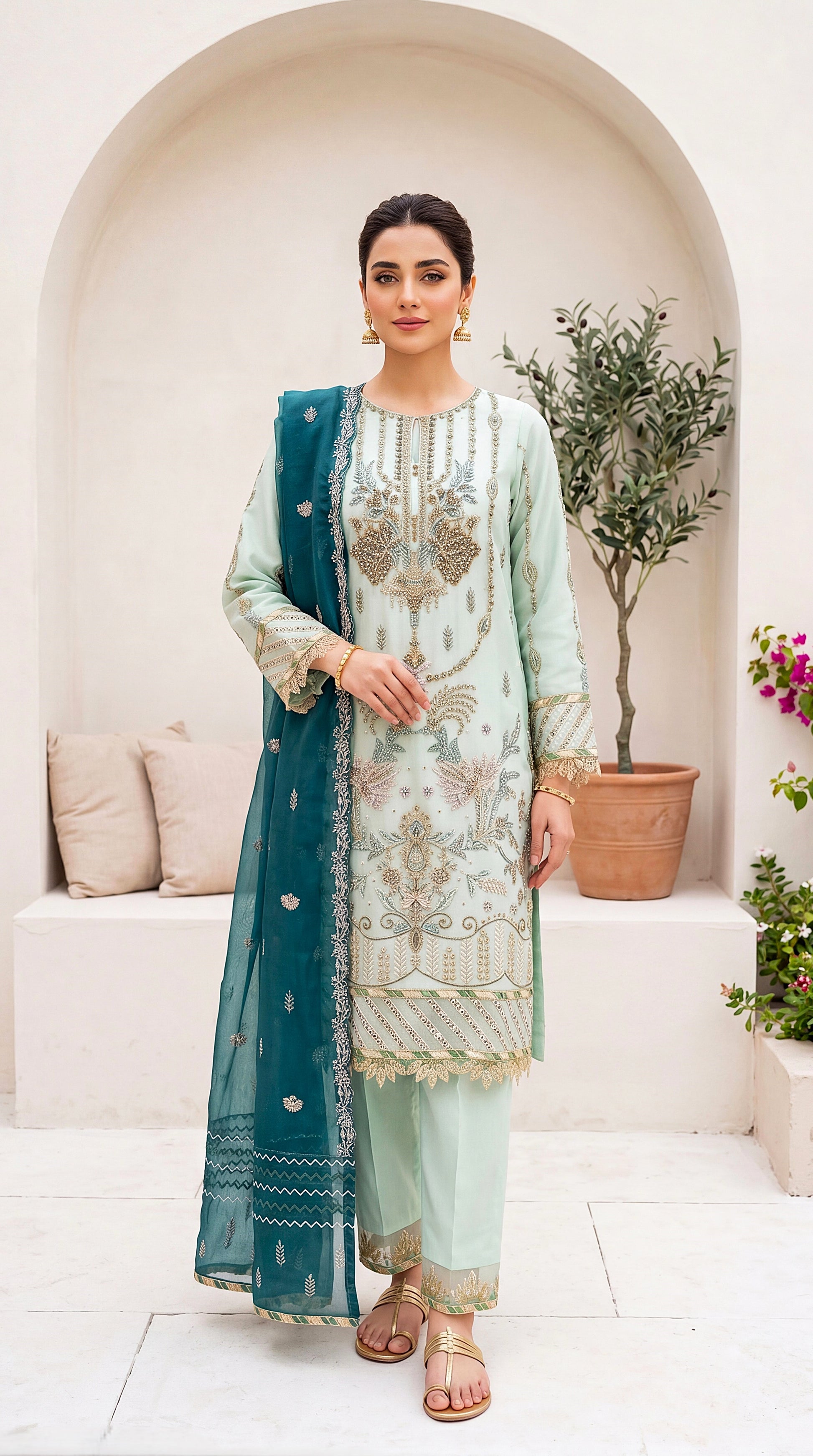 Luxury Pret PL00812 Mint Gold Embroidered Dupatta 3 Piece FEROOZY / SML