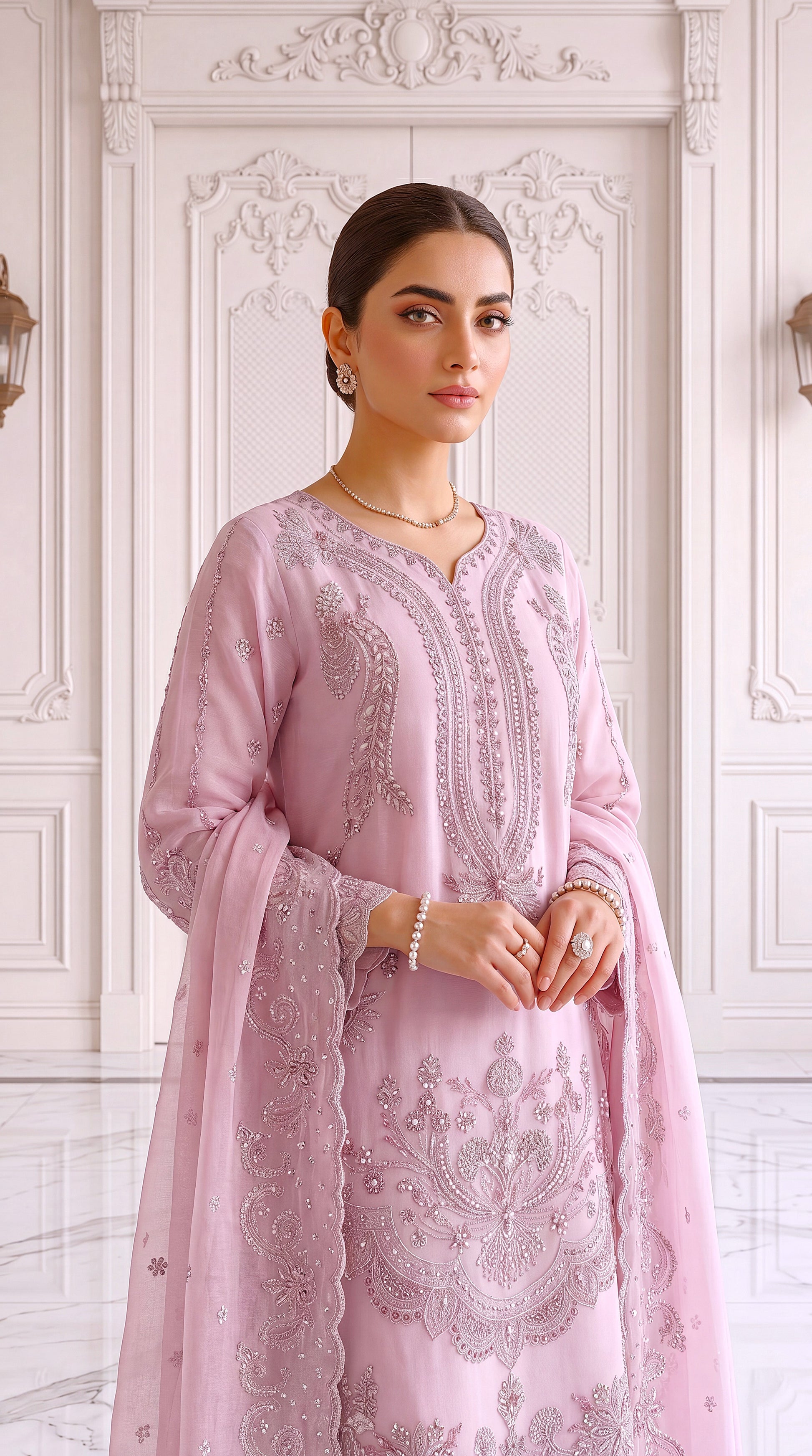 Women's Pearl Pink Luxury Suit PL00813 | Heavy Embellishment & Embroidered Dupatta | 3 Piece | Organza Net PURPLE / LRG