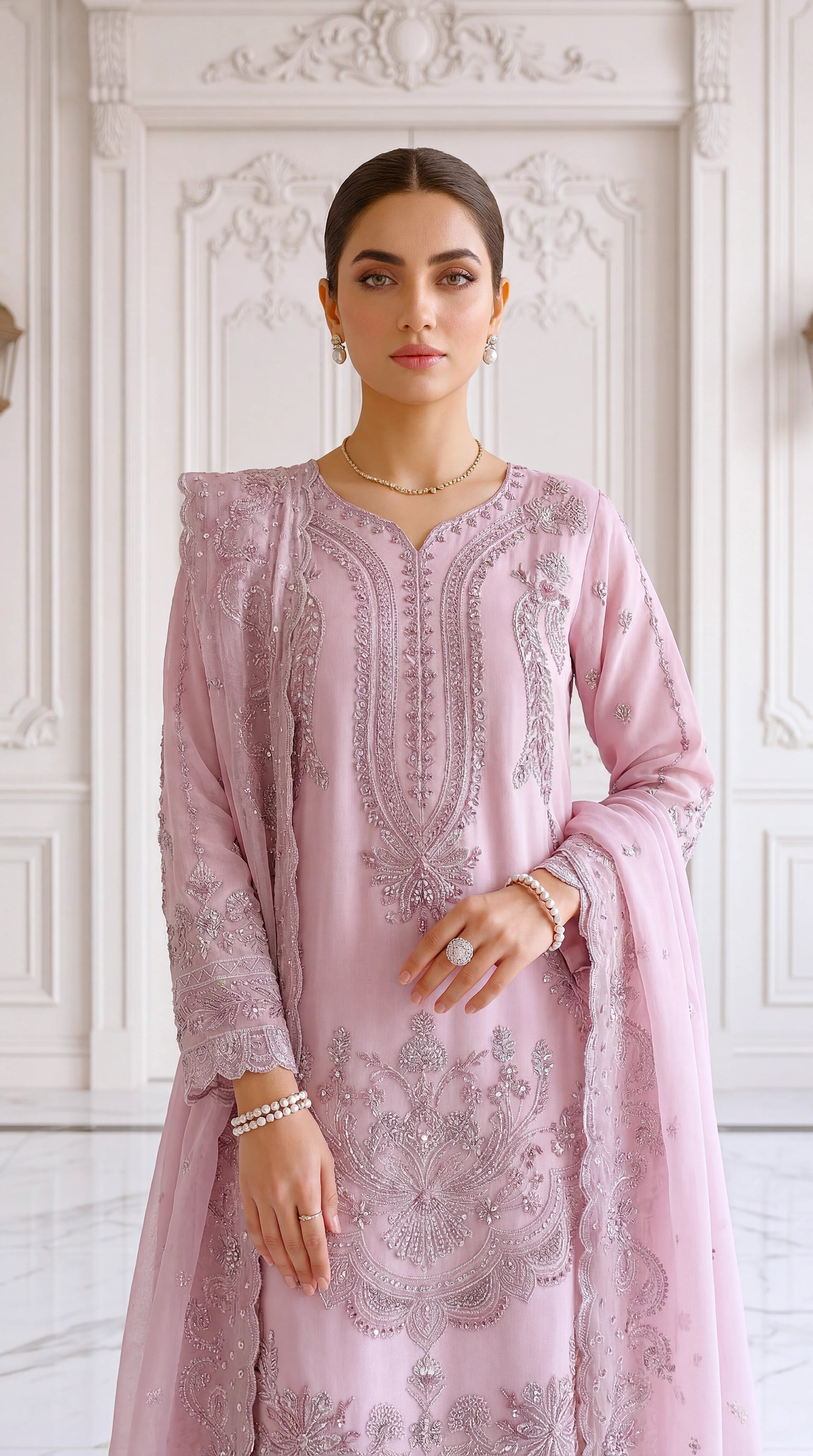 Women's Pearl Pink Luxury Suit PL00813 | Heavy Embellishment & Embroidered Dupatta | 3 Piece | Organza Net PURPLE / LRG