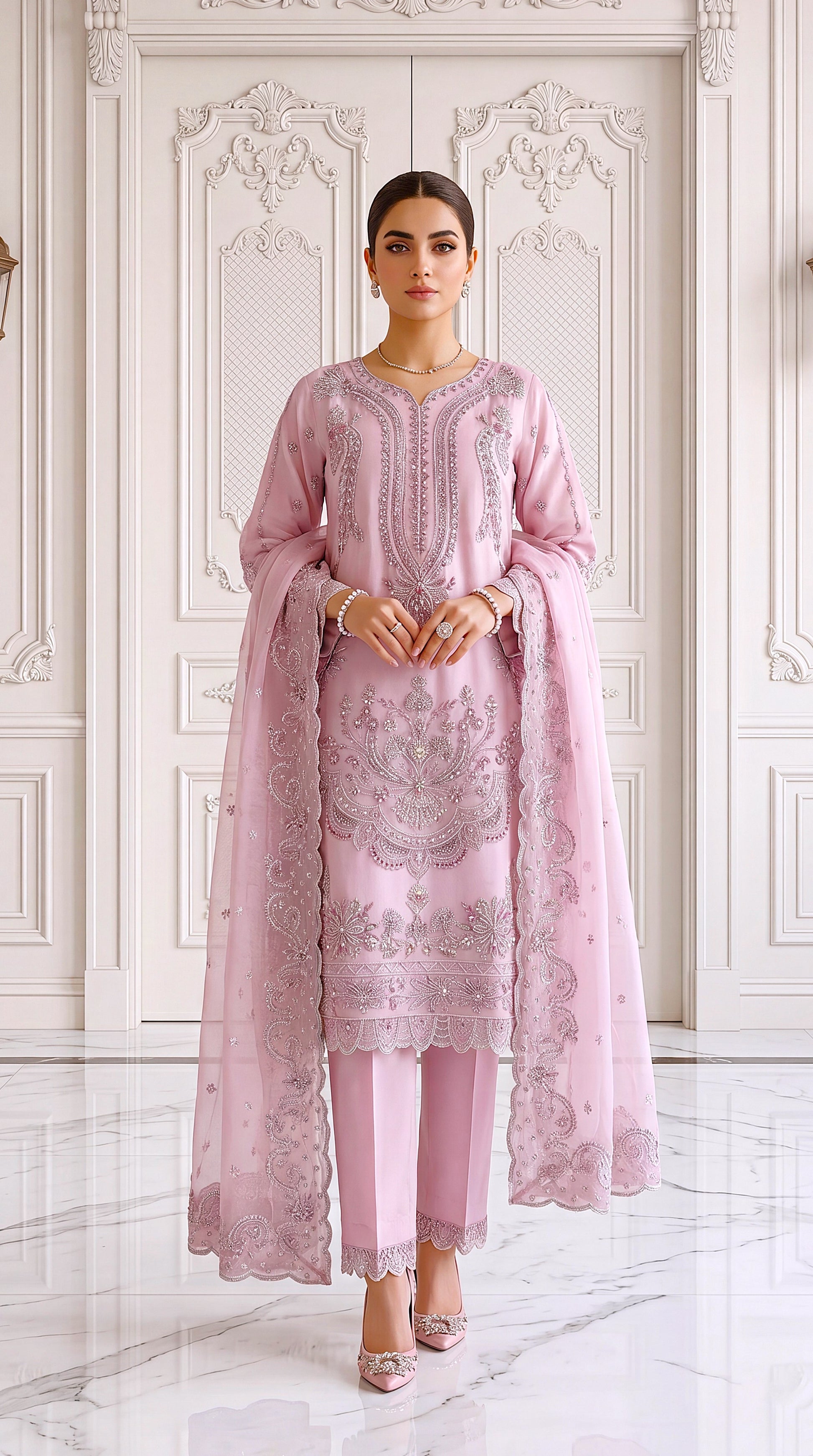 Women's Pearl Pink Luxury Suit PL00813 | Heavy Embellishment & Embroidered Dupatta | 3 Piece | Organza Net PURPLE / LRG