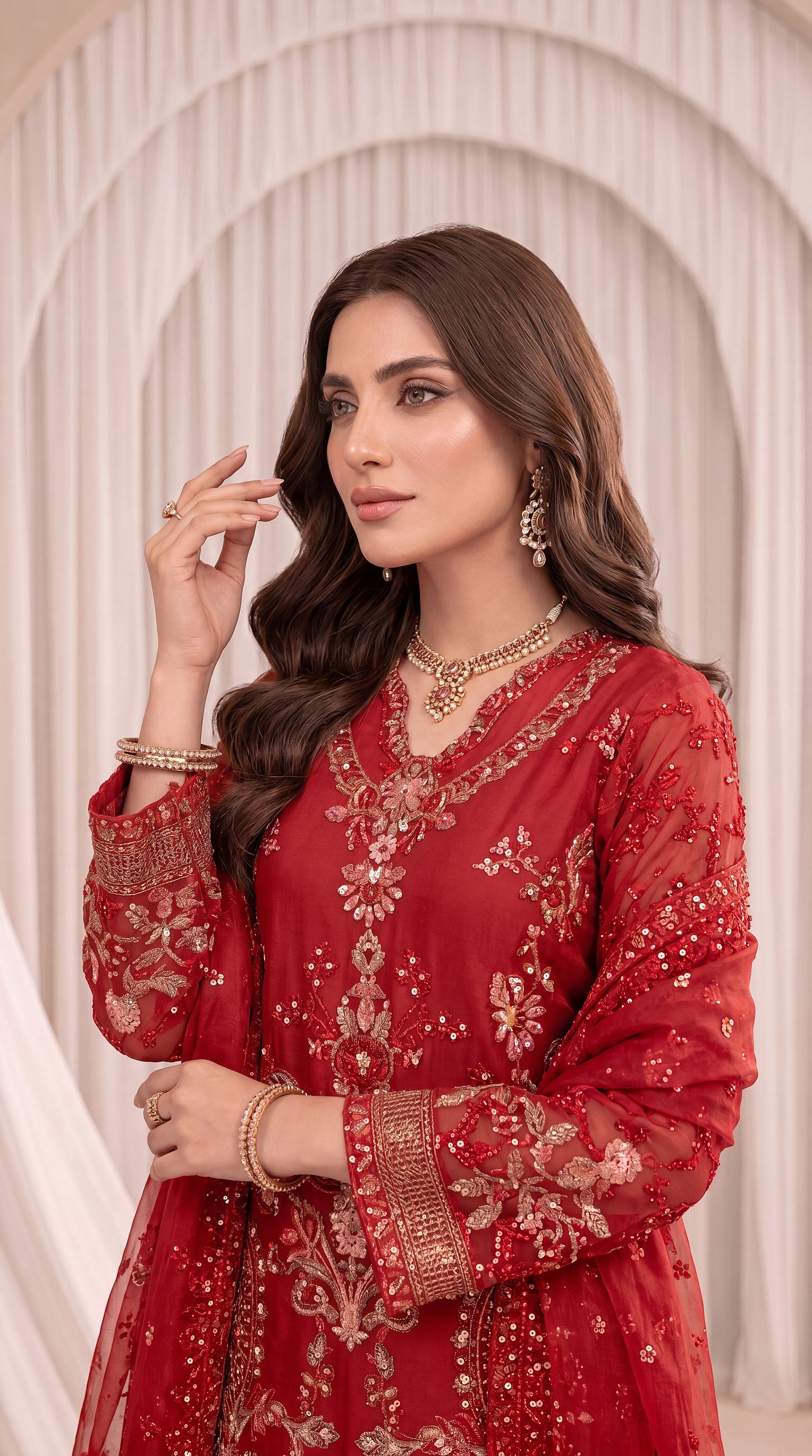 Women's Maroon Luxury Suit PL00836 | Sequin Floral Embroidery & Sheer Dupatta | 3 Piece | Organza Net MEHROON / SML