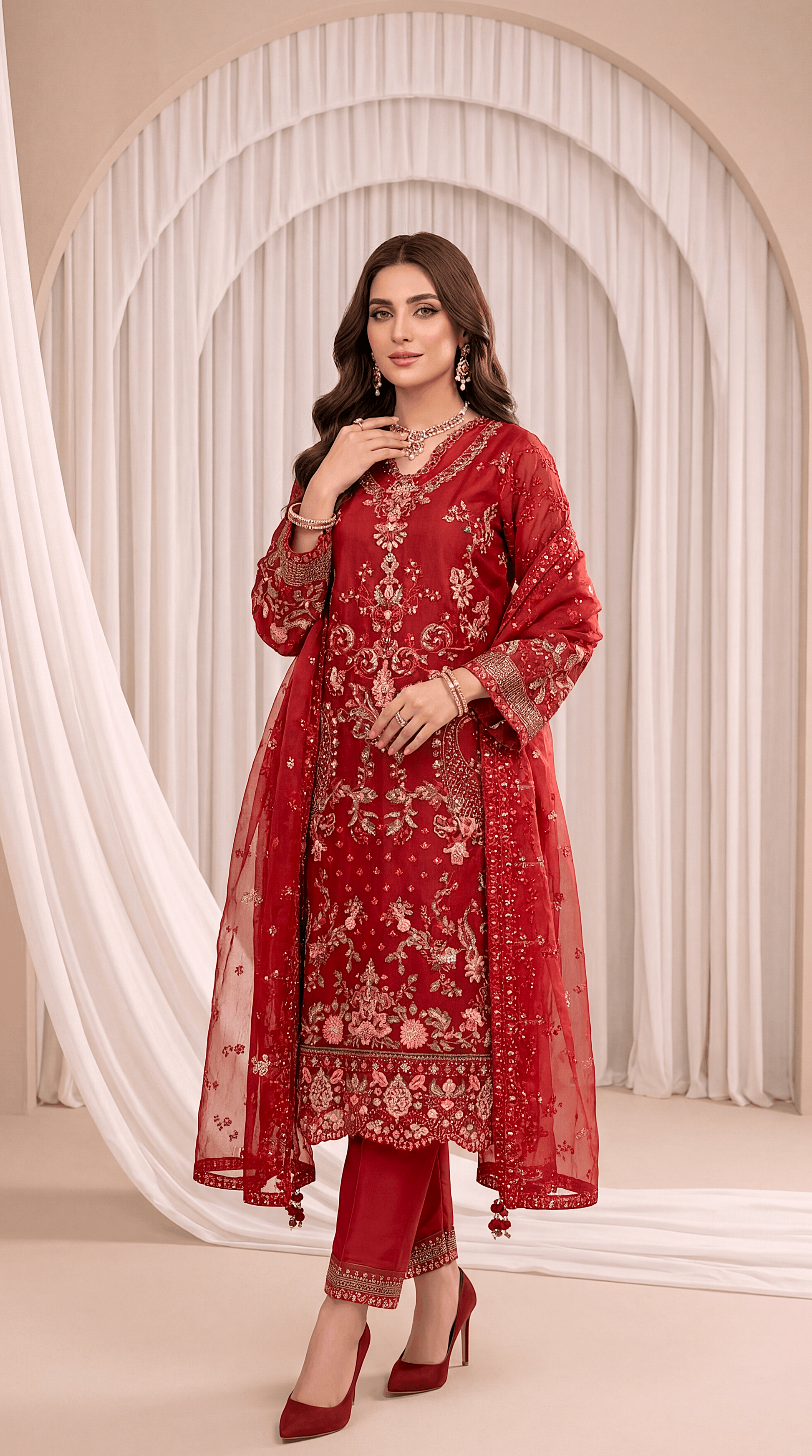 Women's Maroon Luxury Suit PL00836 | Sequin Floral Embroidery & Sheer Dupatta | 3 Piece | Organza Net MEHROON / SML