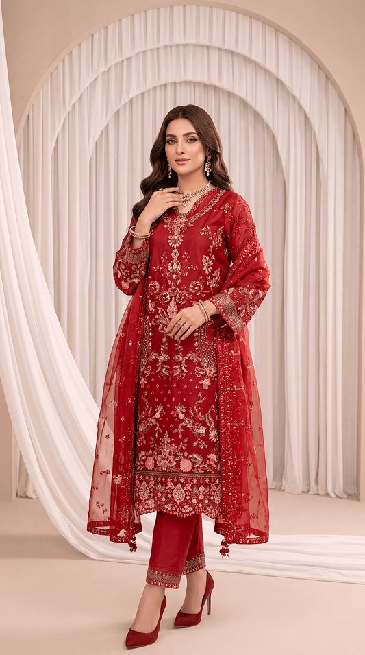Women's Maroon Luxury Suit PL00836 | Sequin Floral Embroidery & Sheer Dupatta | 3 Piece | Organza Net MEHROON / SML