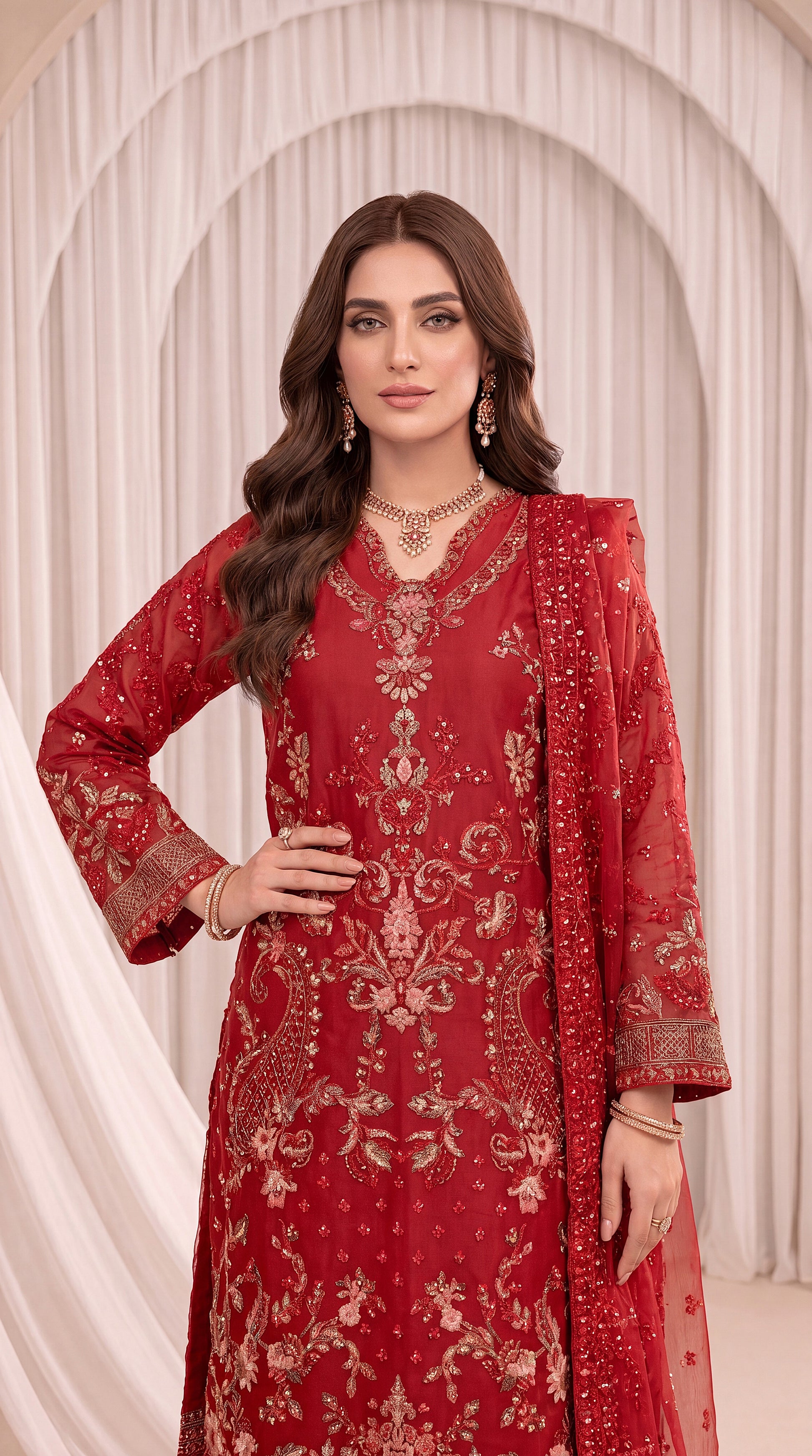 Women's Maroon Luxury Suit PL00836 | Sequin Floral Embroidery & Sheer Dupatta | 3 Piece | Organza Net MEHROON / SML