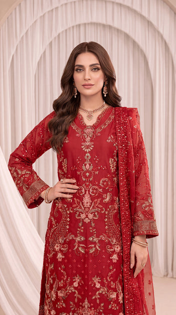 Women's Maroon Luxury Suit PL00836 | Sequin Floral Embroidery & Sheer Dupatta | 3 Piece | Organza Net MEHROON / SML