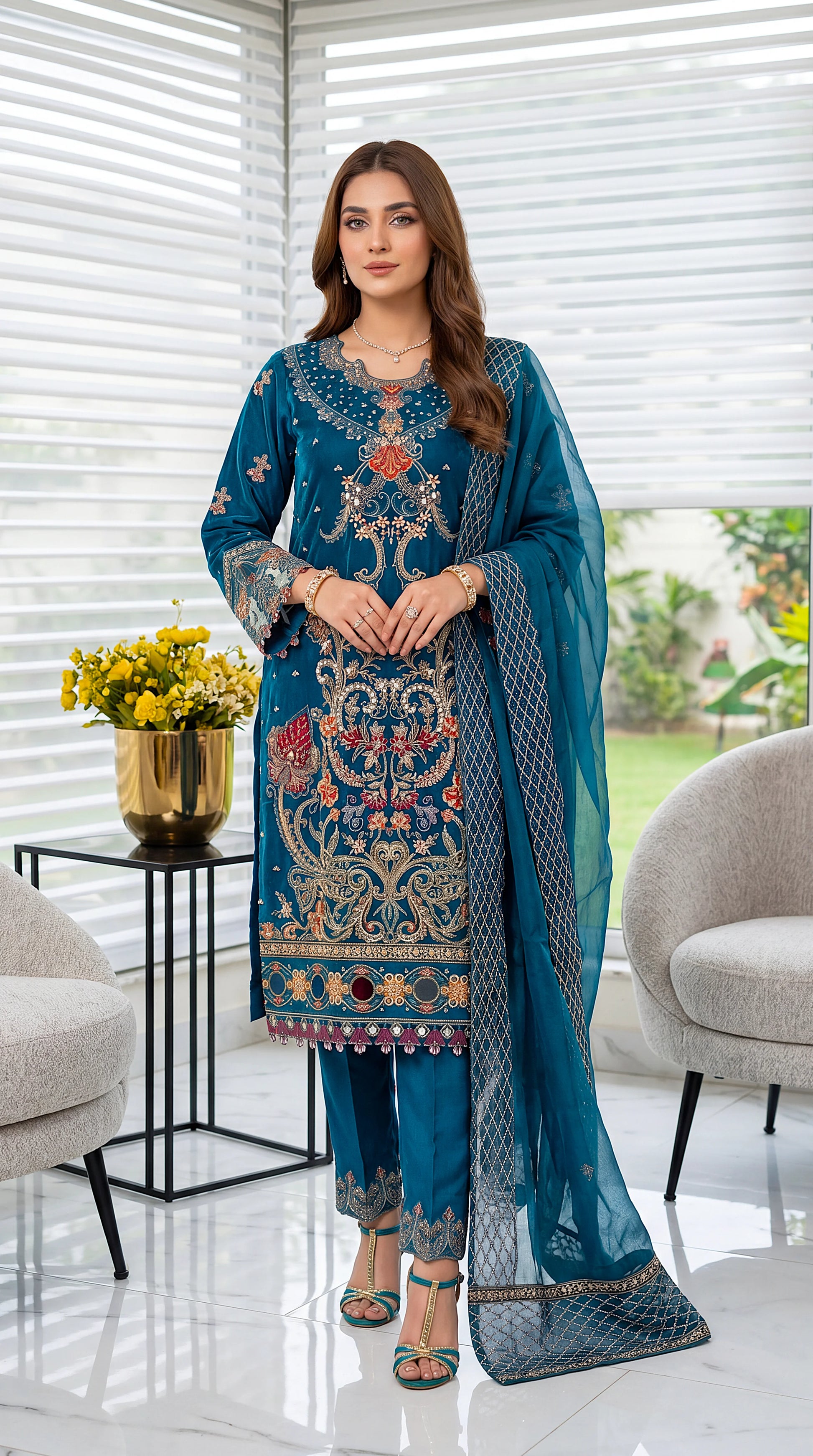 Women's Royal Blue Luxury Suit PL00838 | Ornate Embroidery & Net Dupatta | 3 Piece | Organza BLUE / SML