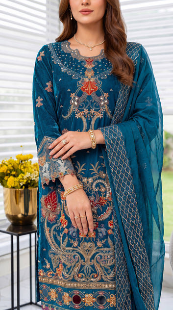 Women's Royal Blue Luxury Suit PL00838 | Ornate Embroidery & Net Dupatta | 3 Piece | Organza BLUE / SML