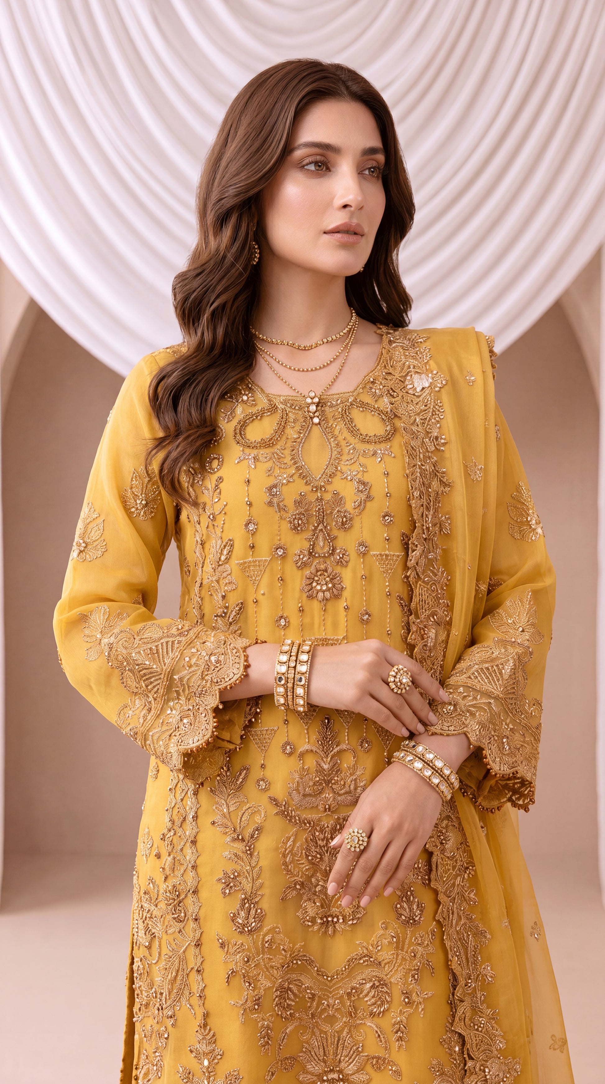 Women's Mustard Luxury Suit PL00839 | Gold Embellished Work & Lace Borders | 3 Piece | Organza Net MASTERD / SML