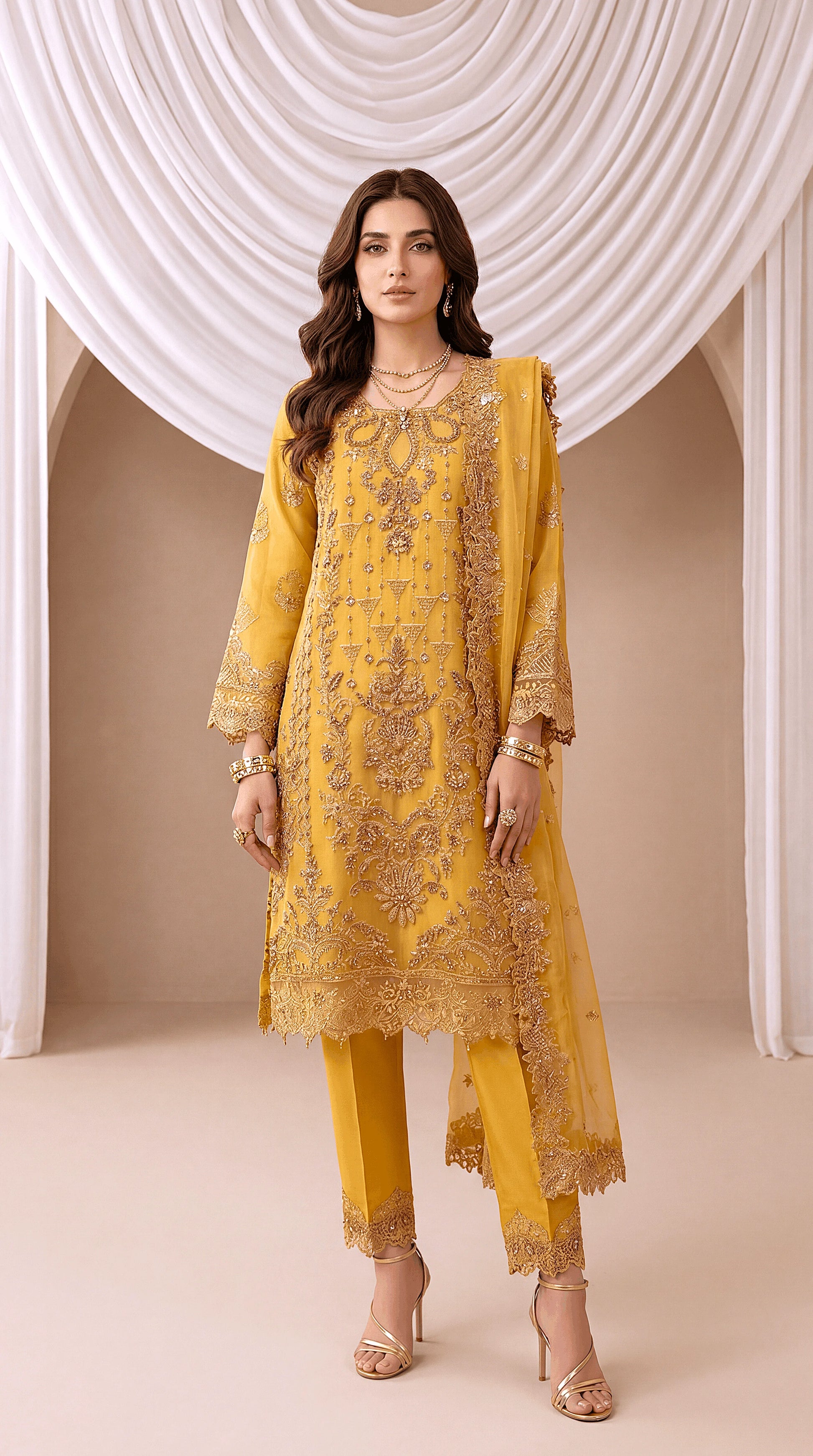 Women's Mustard Luxury Suit PL00839 | Gold Embellished Work & Lace Borders | 3 Piece | Organza Net MASTERD / SML