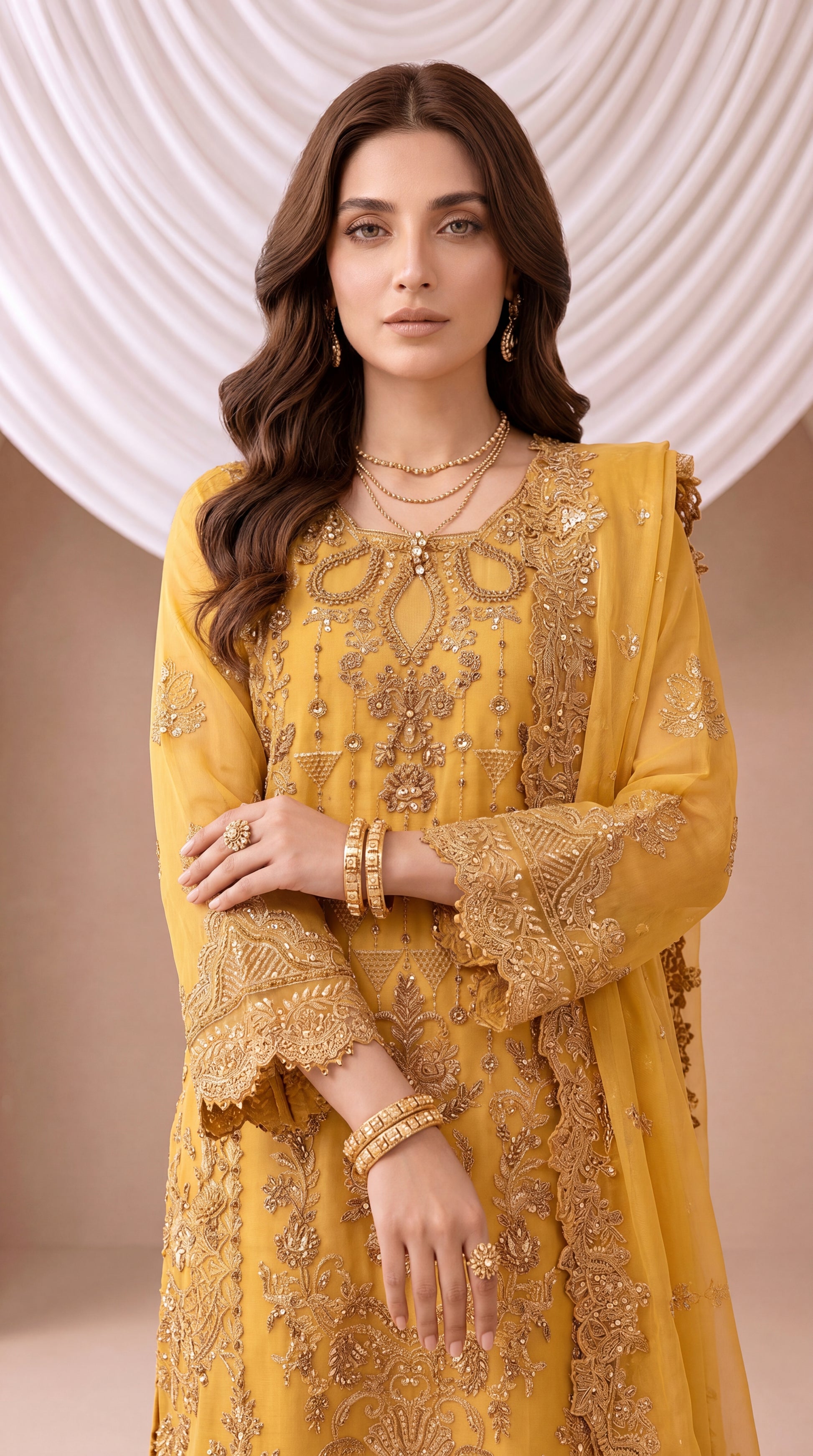 Women's Mustard Luxury Suit PL00839 | Gold Embellished Work & Lace Borders | 3 Piece | Organza Net MASTERD / SML