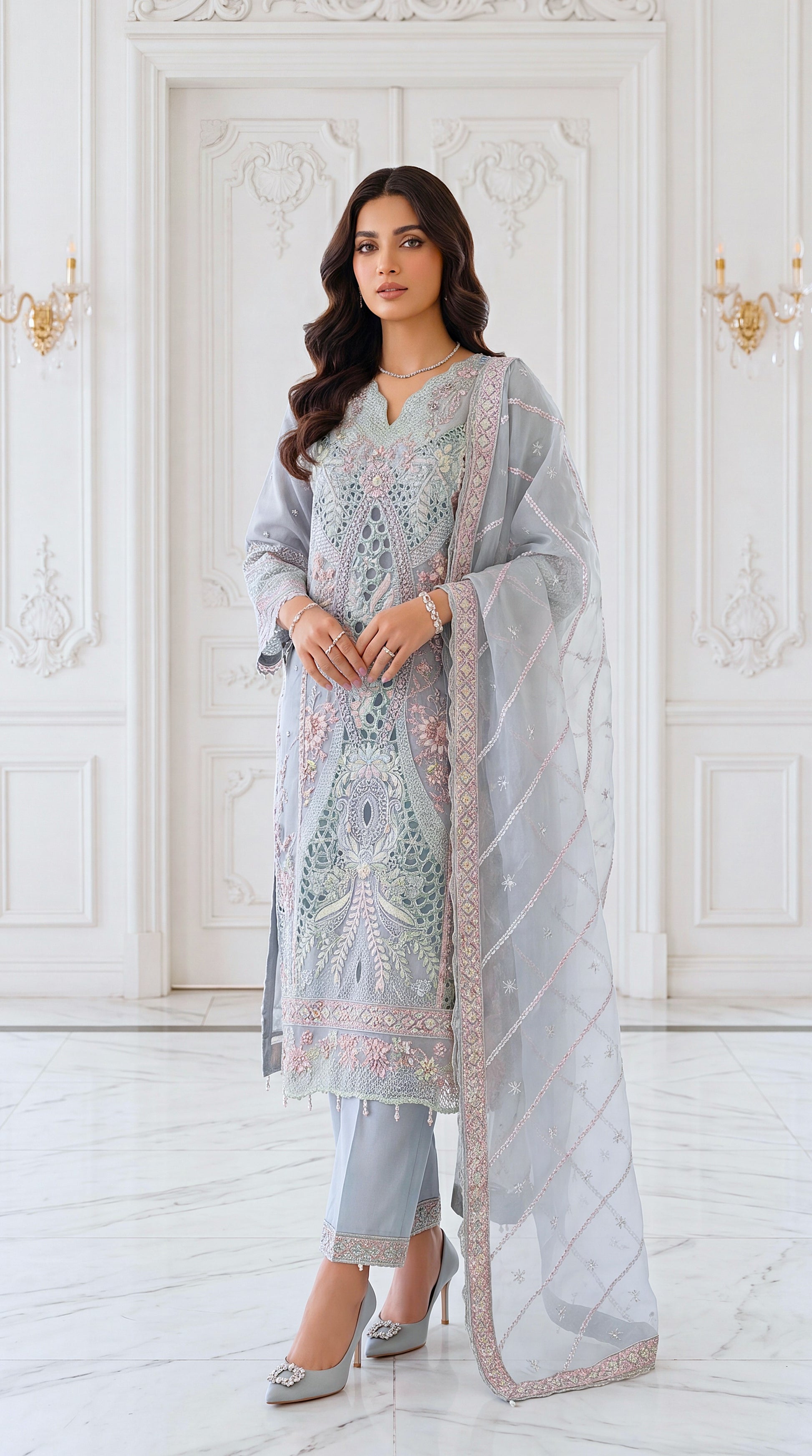 Women's Aqua Mist Luxury Suit PL00840 | Pastel Embroidery & Net Dupatta | 3 Piece | Organza Net AQWA / SML