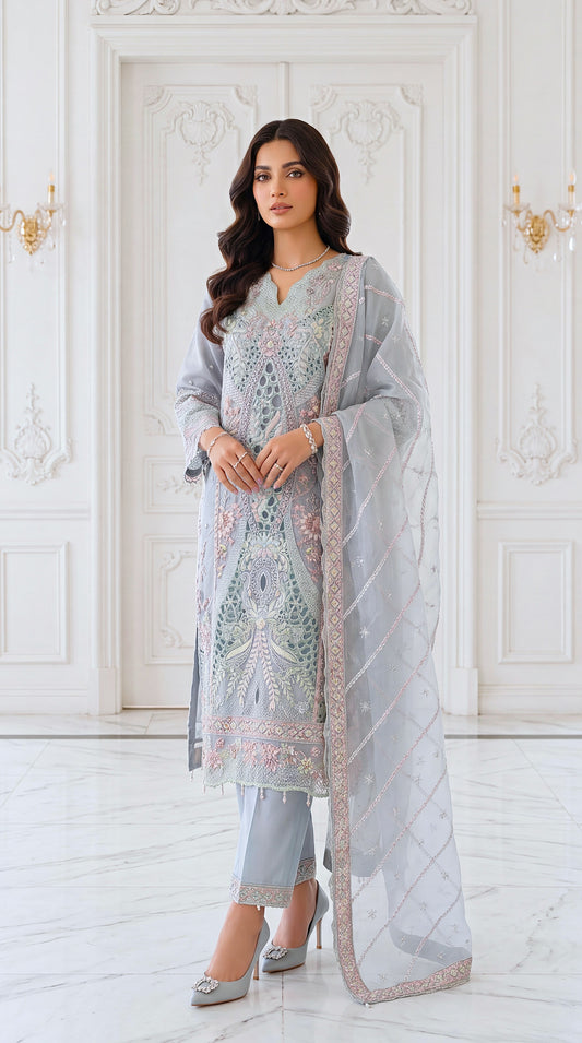 Women's Aqua Mist Luxury Suit PL00840 | Pastel Embroidery & Net Dupatta | 3 Piece | Organza Net AQWA / SML
