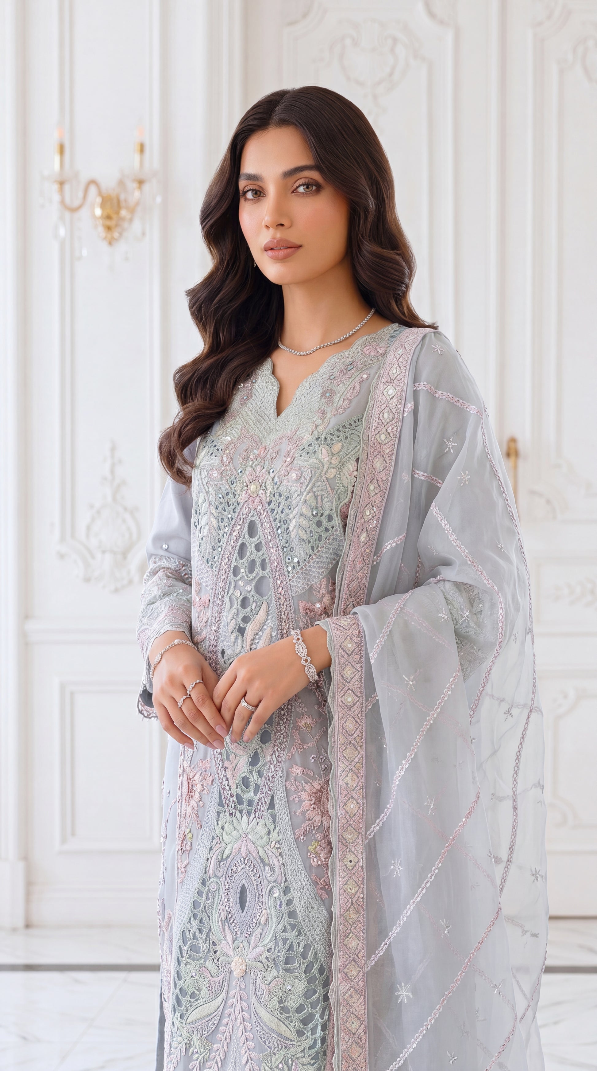 Women's Aqua Mist Luxury Suit PL00840 | Pastel Embroidery & Net Dupatta | 3 Piece | Organza Net AQWA / SML