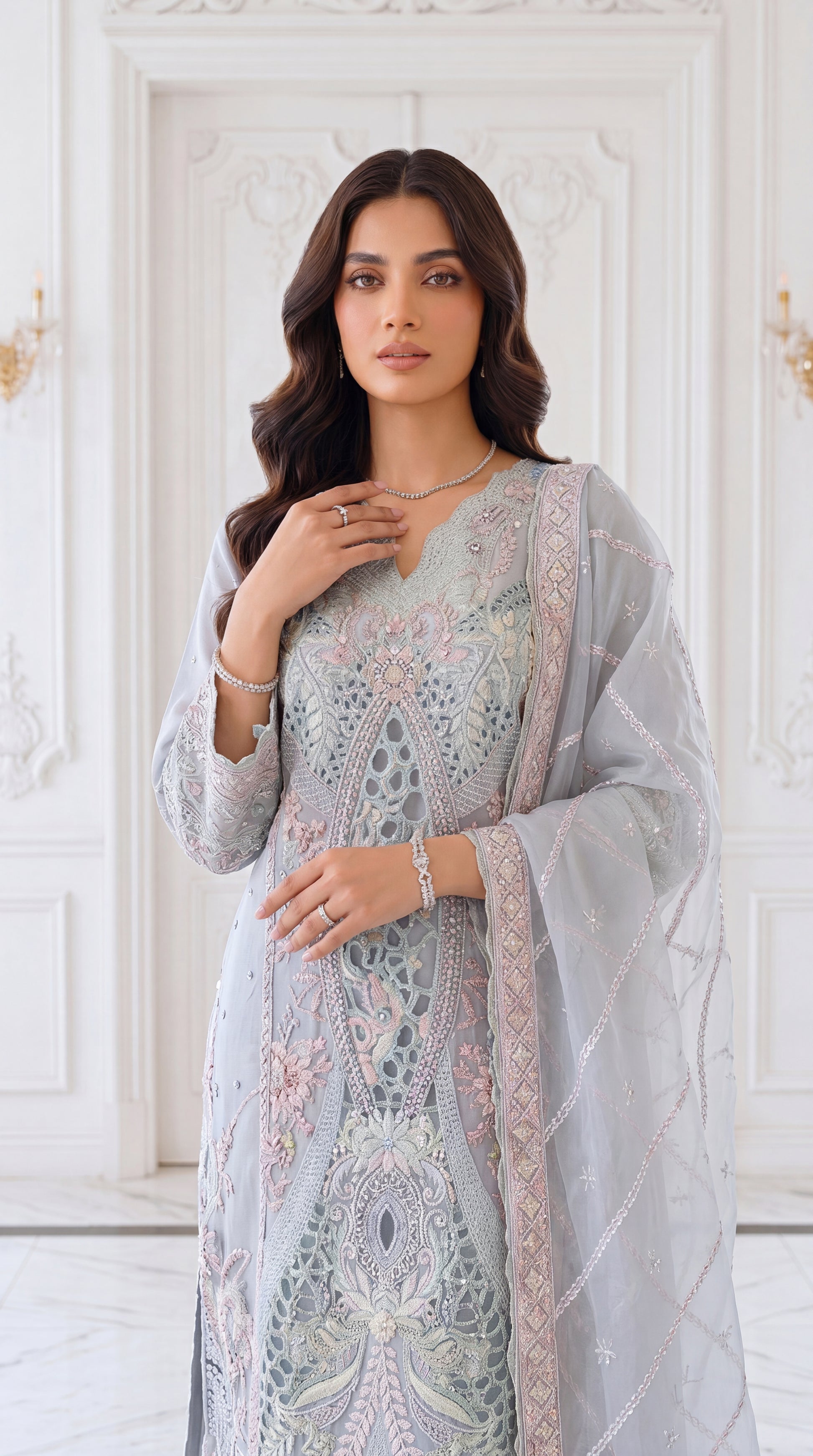 Women's Aqua Mist Luxury Suit PL00840 | Pastel Embroidery & Net Dupatta | 3 Piece | Organza Net AQWA / SML