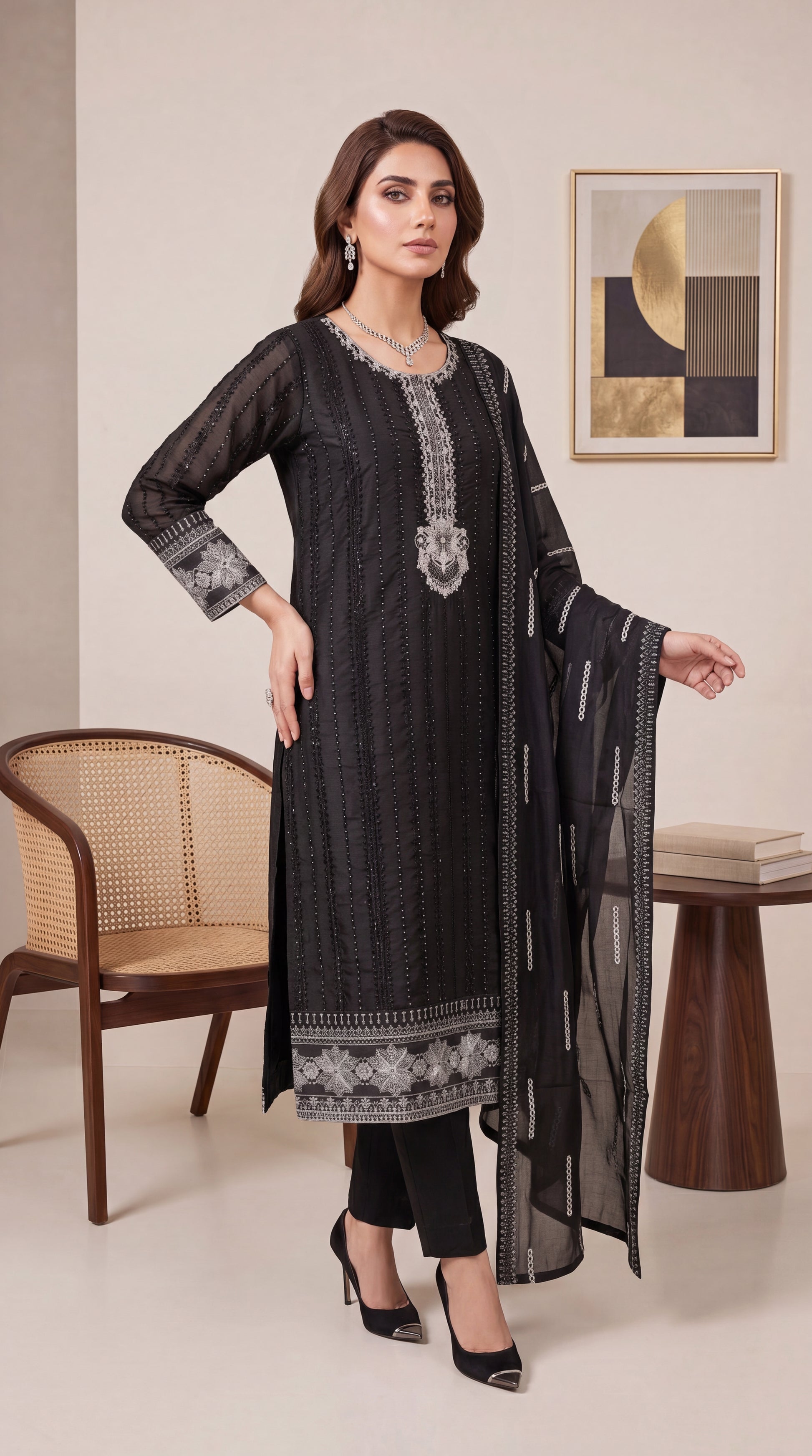Women's Black Premium Suit PL00874 | Silver Embroidery & Embroidered Dupatta | 3 Piece | Chiffon BLACK / SML