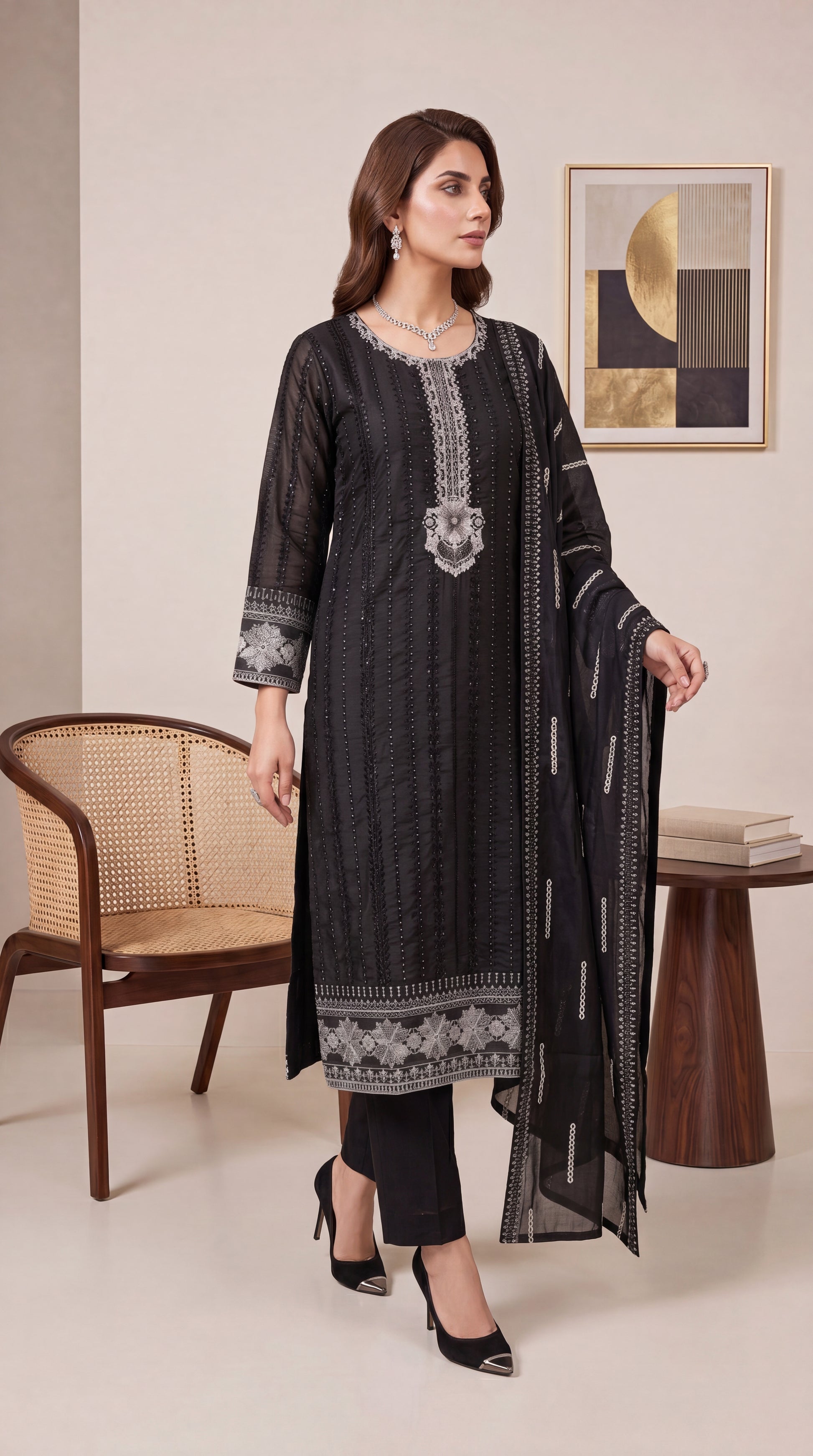Women's Black Premium Suit PL00874 | Silver Embroidery & Embroidered Dupatta | 3 Piece | Chiffon BLACK / SML