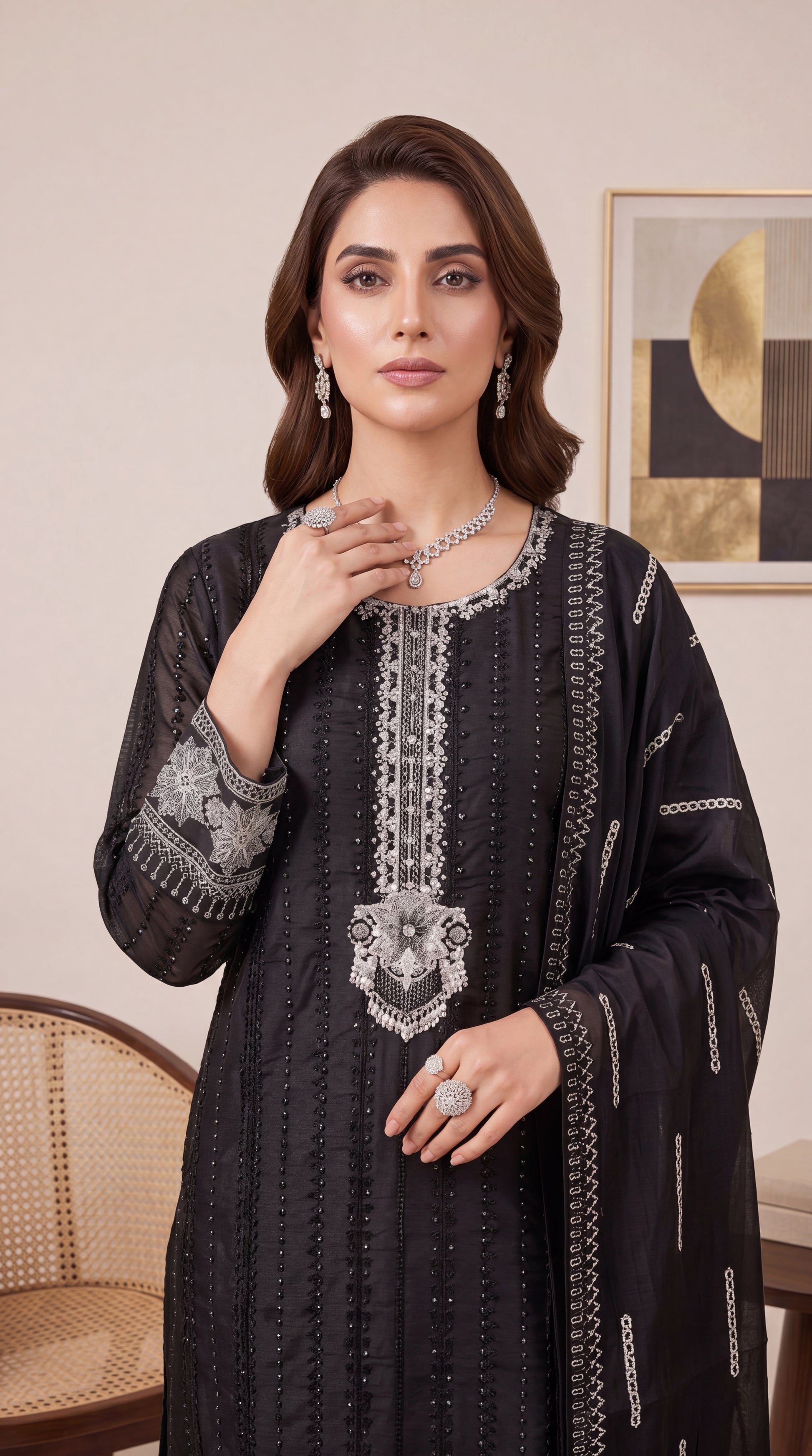 Women's Black Premium Suit PL00874 | Silver Embroidery & Embroidered Dupatta | 3 Piece | Chiffon BLACK / SML