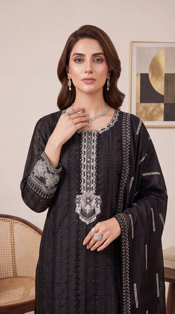 Women's Black Premium Suit PL00874 | Silver Embroidery & Embroidered Dupatta | 3 Piece | Chiffon BLACK / SML
