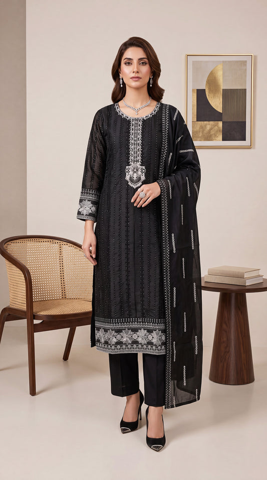Women's Black Premium Suit PL00874 | Silver Embroidery & Embroidered Dupatta | 3 Piece | Chiffon BLACK / SML