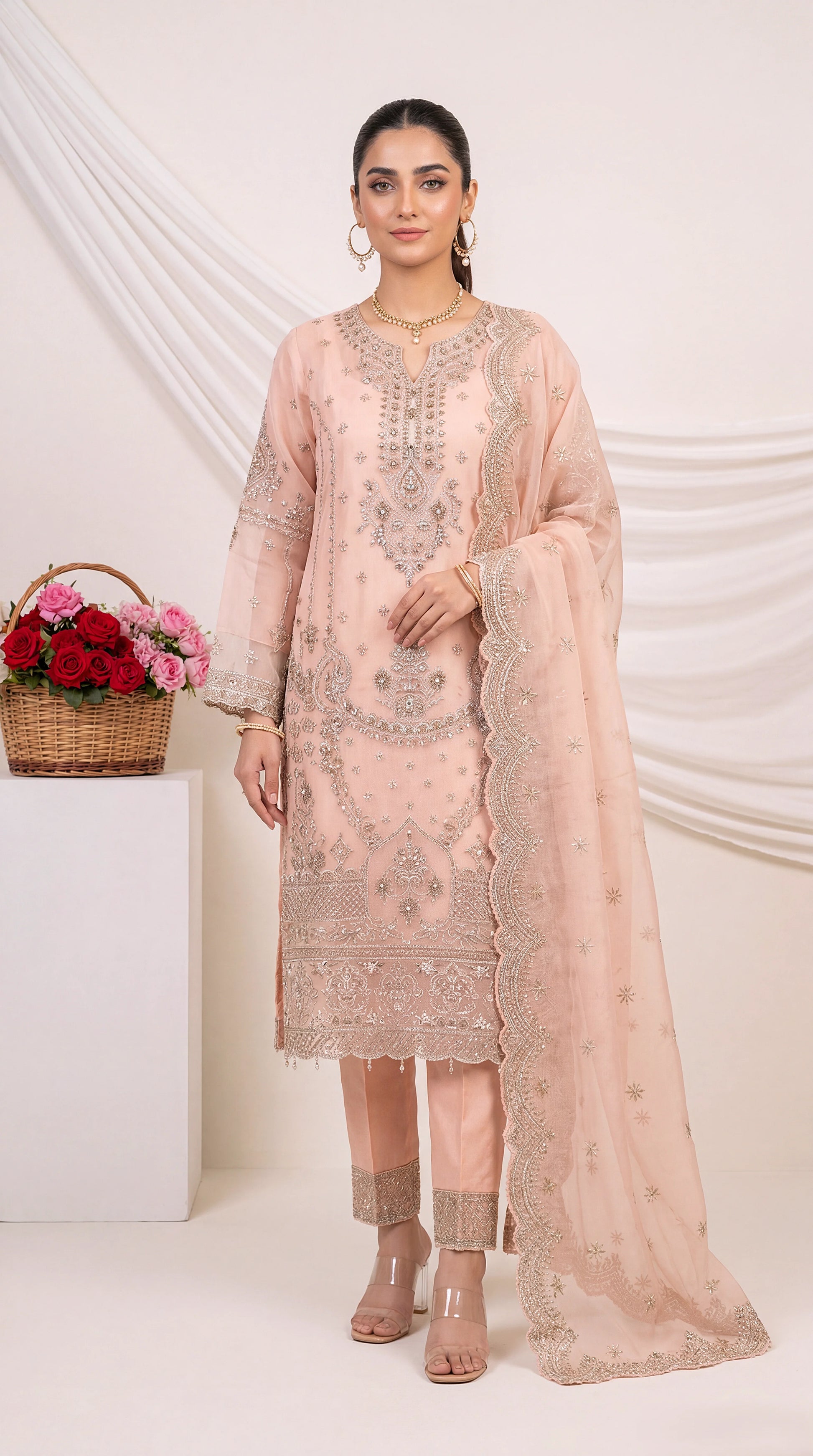 Ladies Premium Embroidered Suit PL00882 Crystal Handwork 3 Piece Net Fabric SHOKING PINK / SML