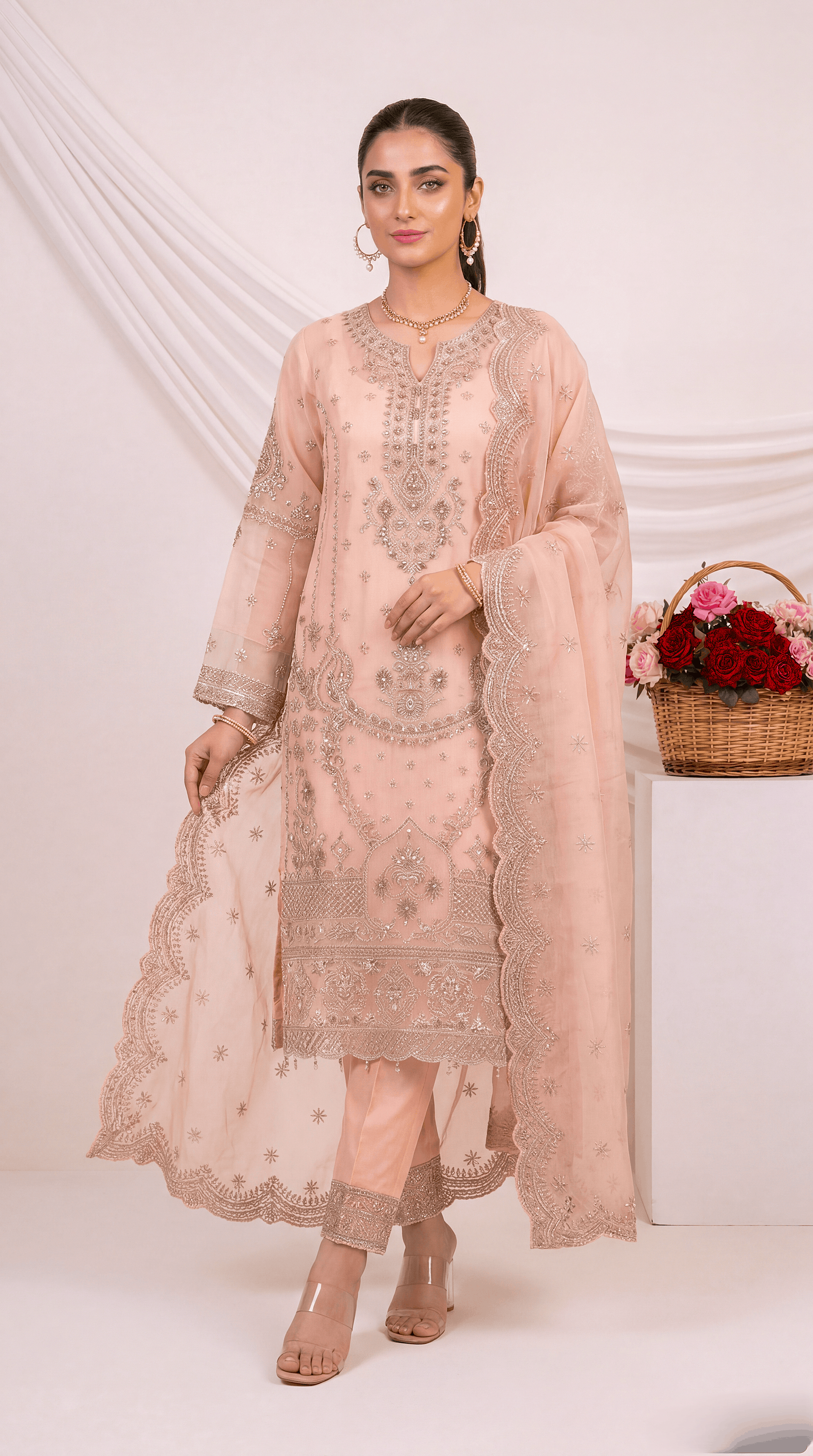Ladies Premium Embroidered Suit PL00882 Crystal Handwork 3 Piece Net Fabric SHOKING PINK / SML