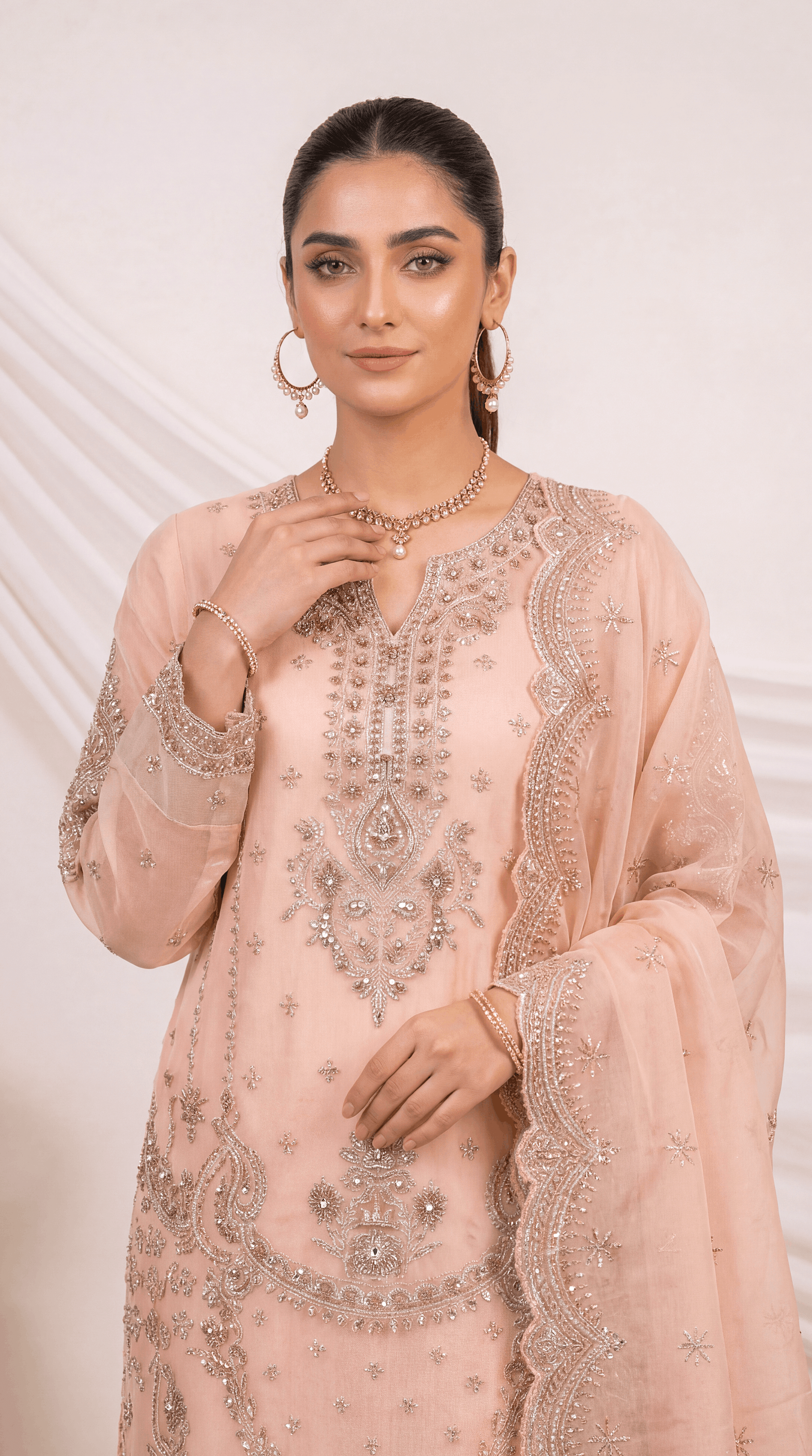 Ladies Premium Embroidered Suit PL00882 Crystal Handwork 3 Piece Net Fabric SHOKING PINK / SML