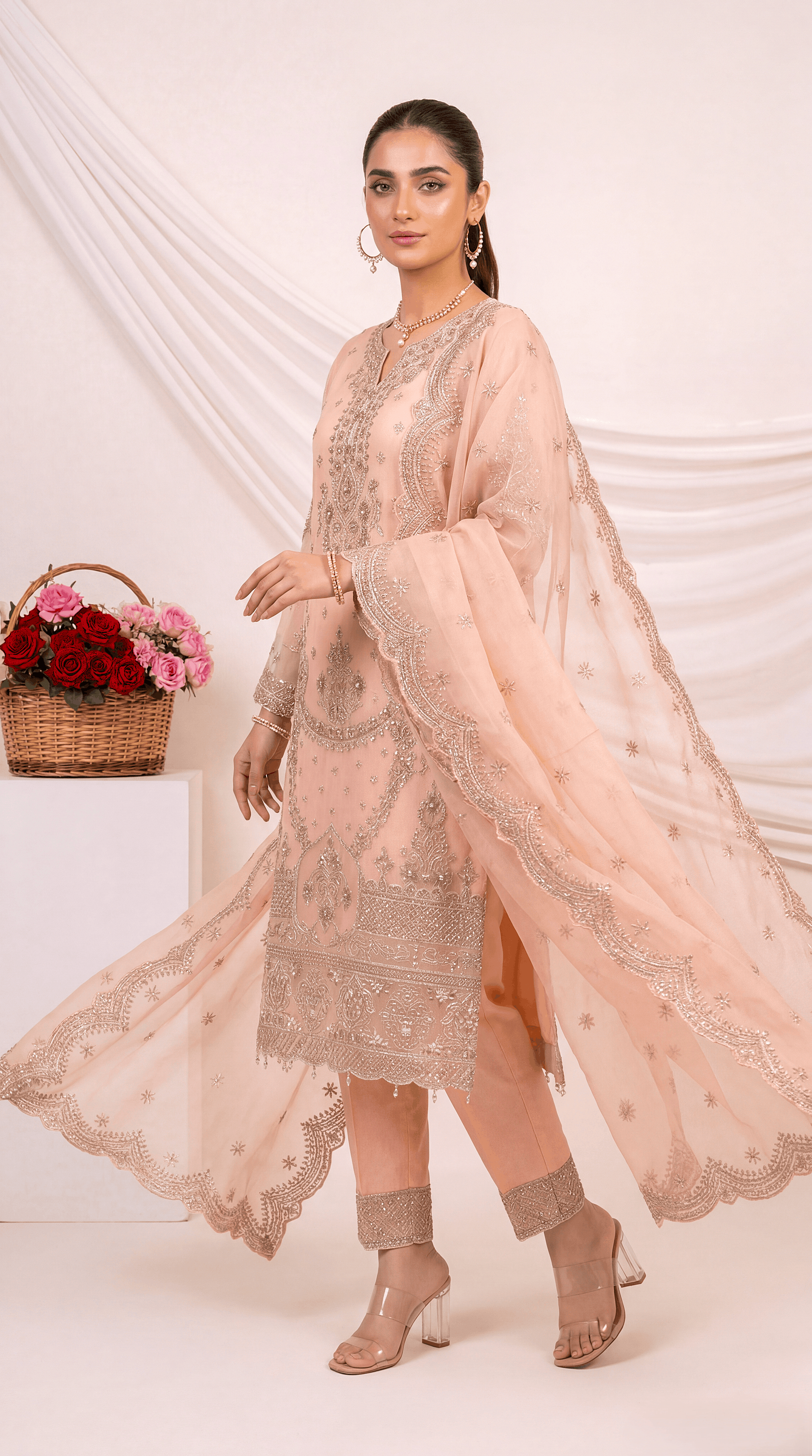 Ladies Premium Embroidered Suit PL00882 Crystal Handwork 3 Piece Net Fabric SHOKING PINK / SML