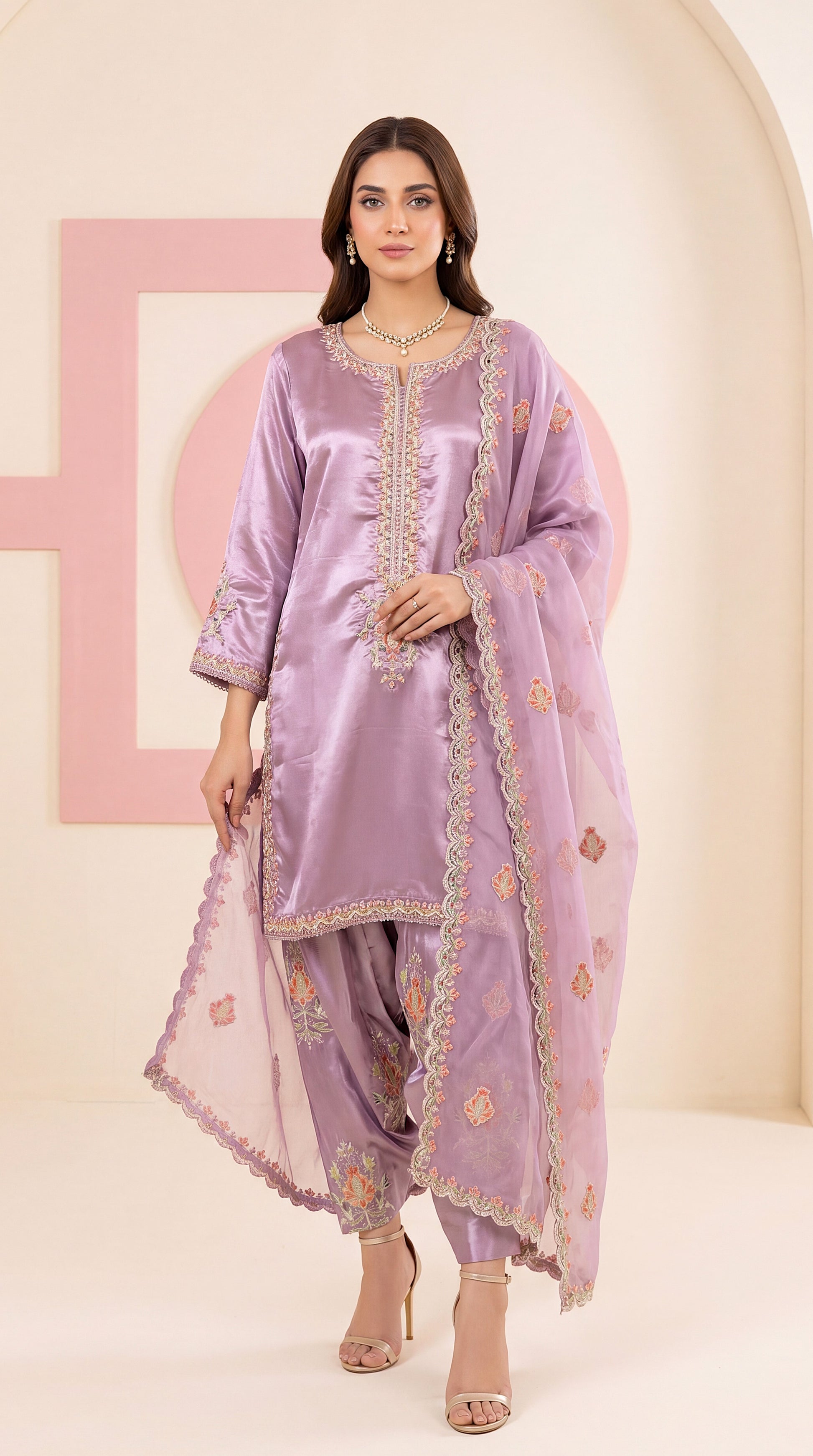 Coral Pink Luxury Formal Look & Minimal Elegant Motifs 3 Piece Women Suit - PL00897 PURPLE / SML