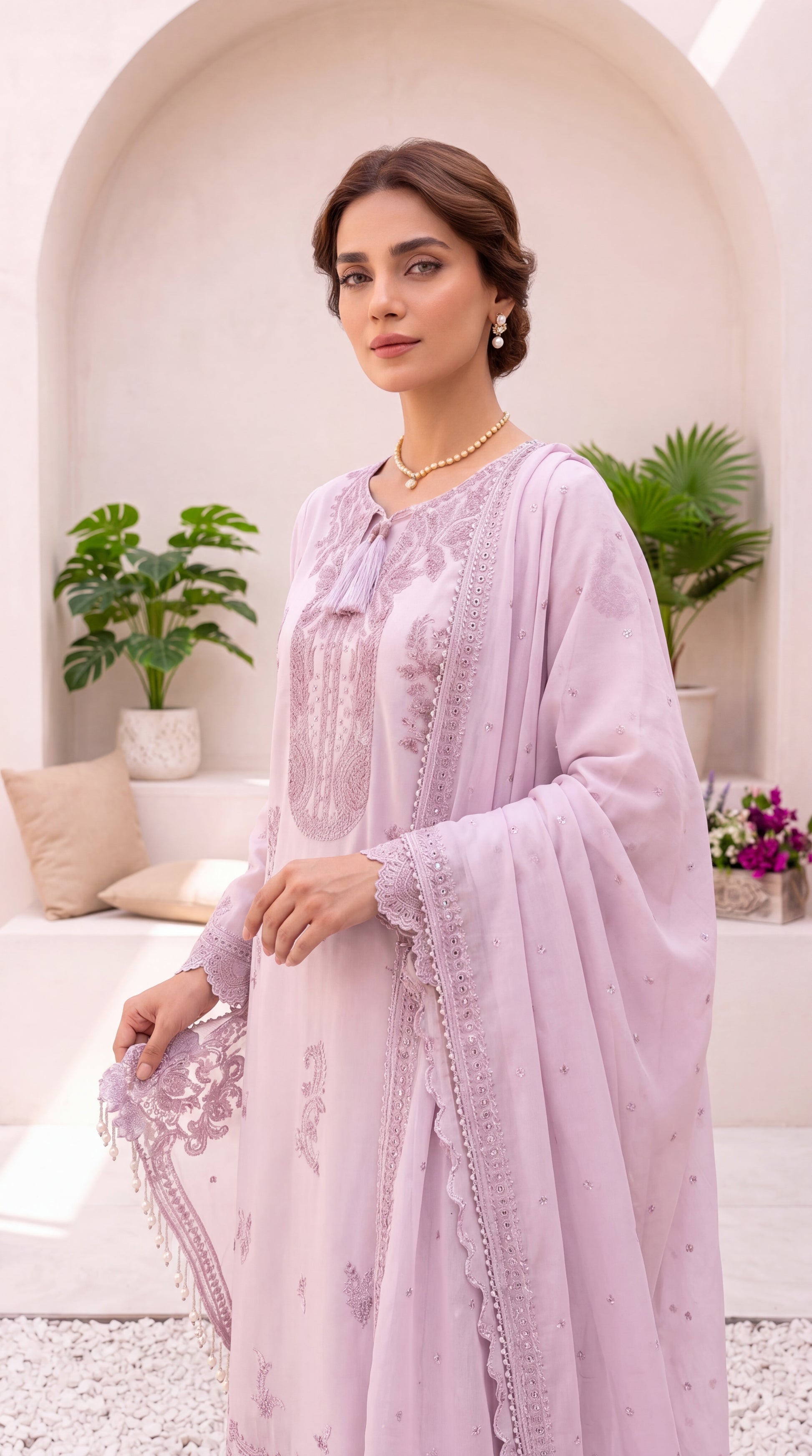 Luxury Formal PL00900 Pearl White Embroidered Dupatta 3 Piece OFF White / MED