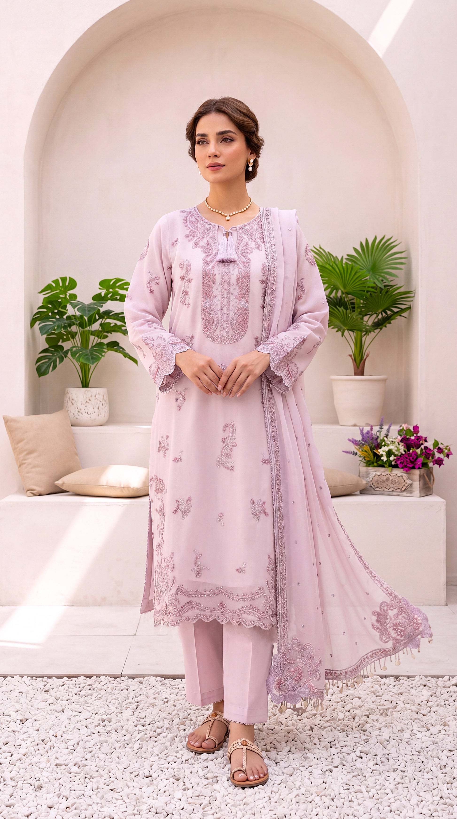 Luxury Formal PL00900 Pearl White Embroidered Dupatta 3 Piece OFF White / MED