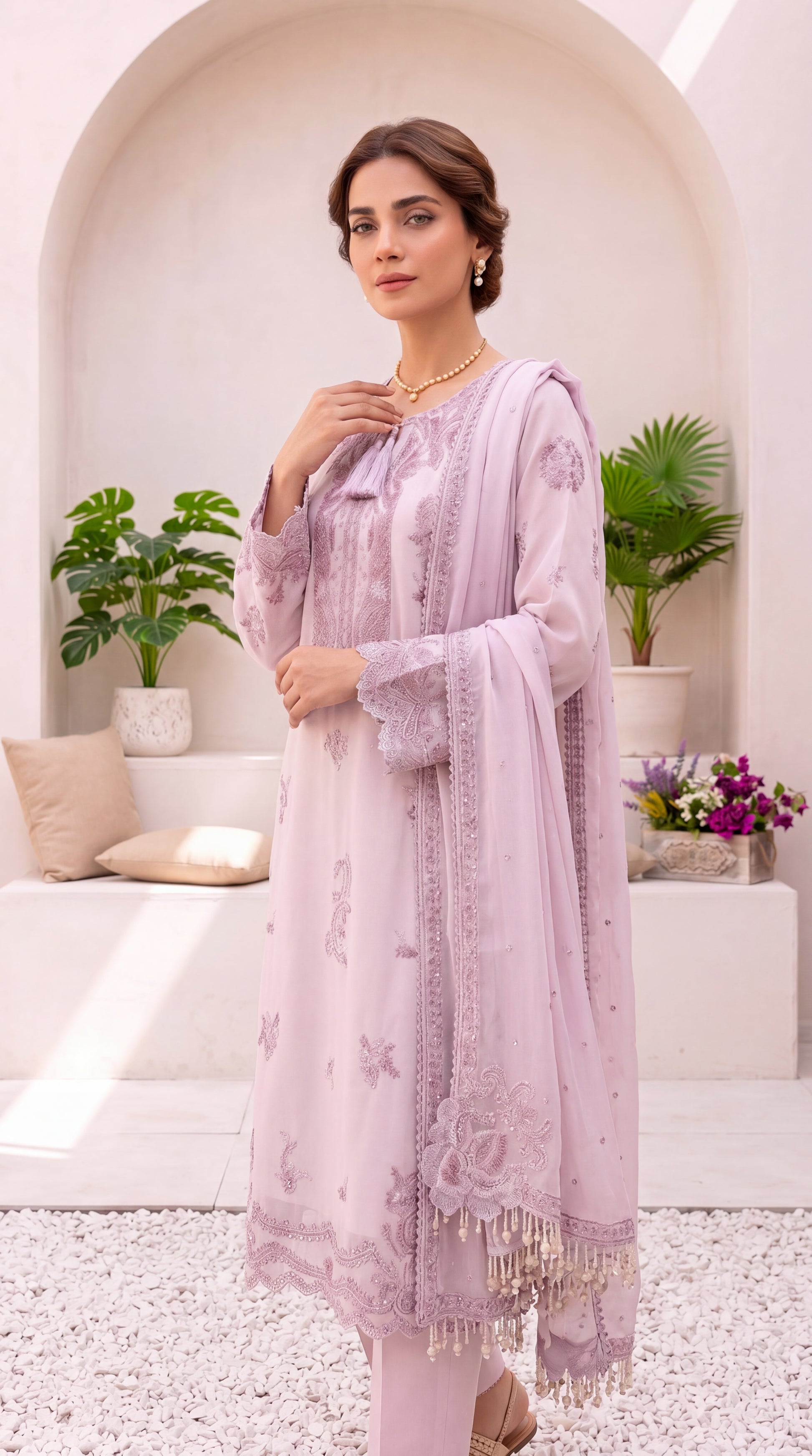 Luxury Formal PL00900 Pearl White Embroidered Dupatta 3 Piece OFF White / MED