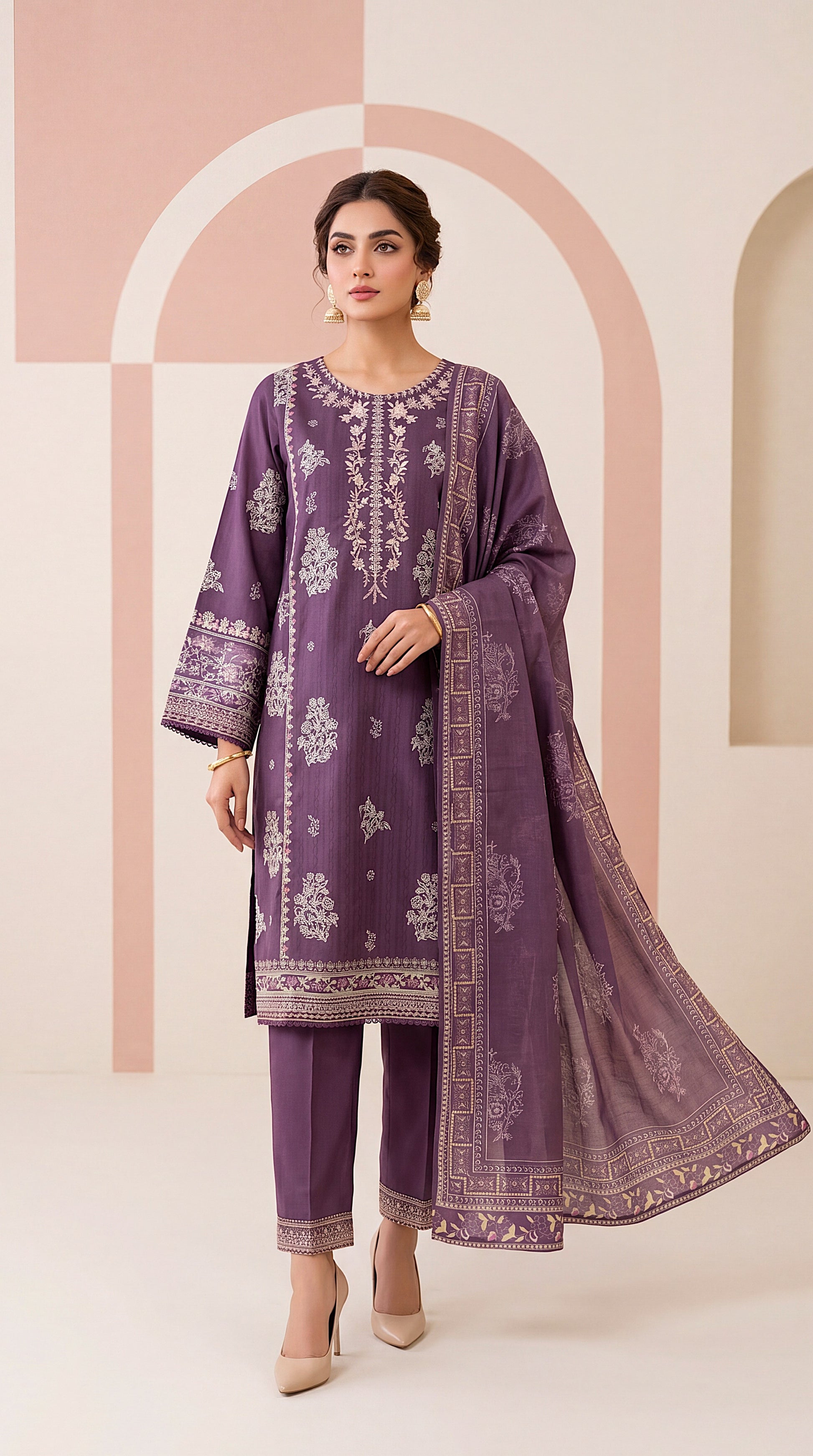 Champagne Beige Minimal Elegant Motifs & Emb Daman 3 Piece Women Suit - PL00905 PURPLE / SML