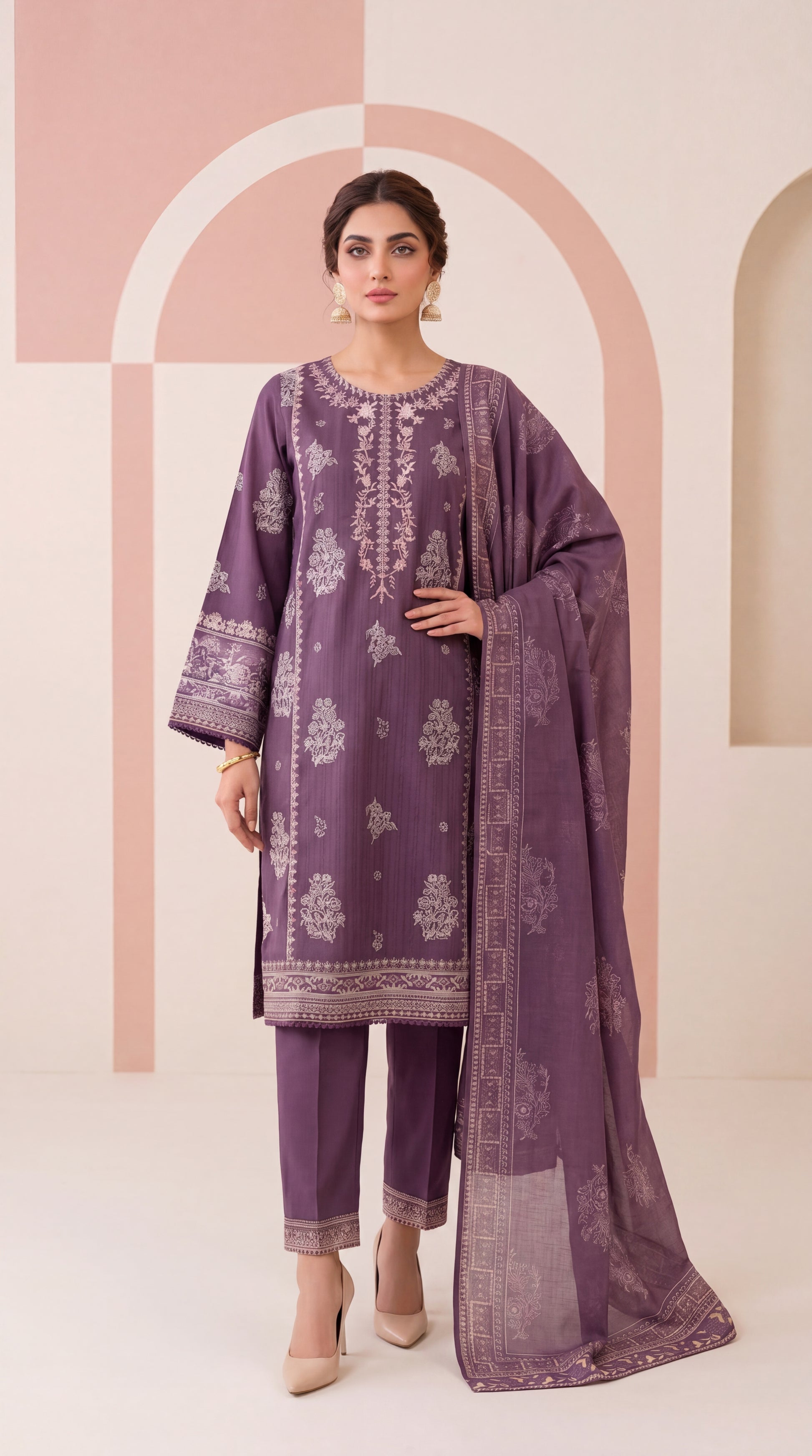 Champagne Beige Minimal Elegant Motifs & Emb Daman 3 Piece Women Suit - PL00905 PURPLE / SML