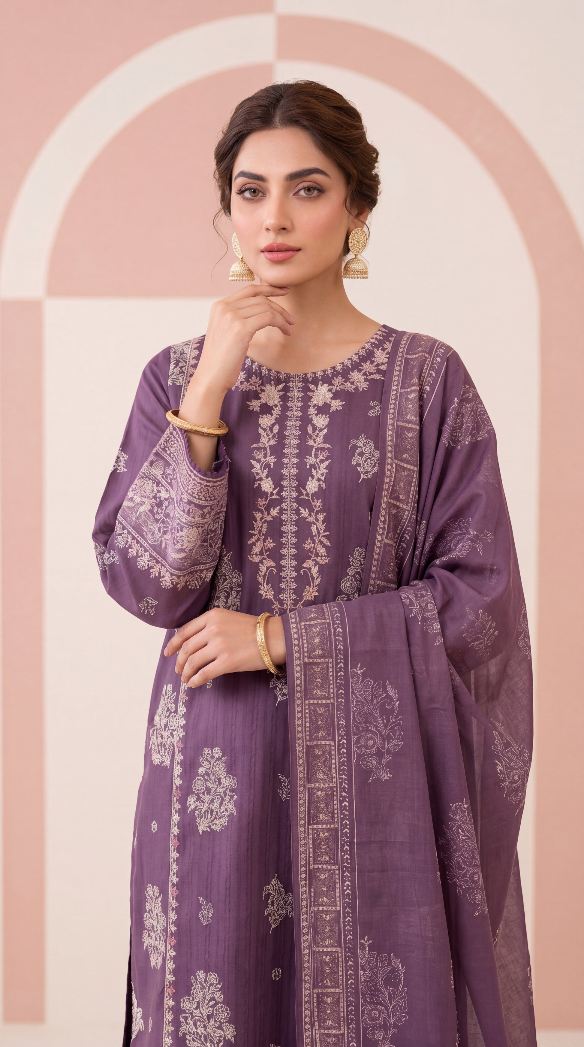 Champagne Beige Minimal Elegant Motifs & Emb Daman 3 Piece Women Suit - PL00905 PURPLE / SML