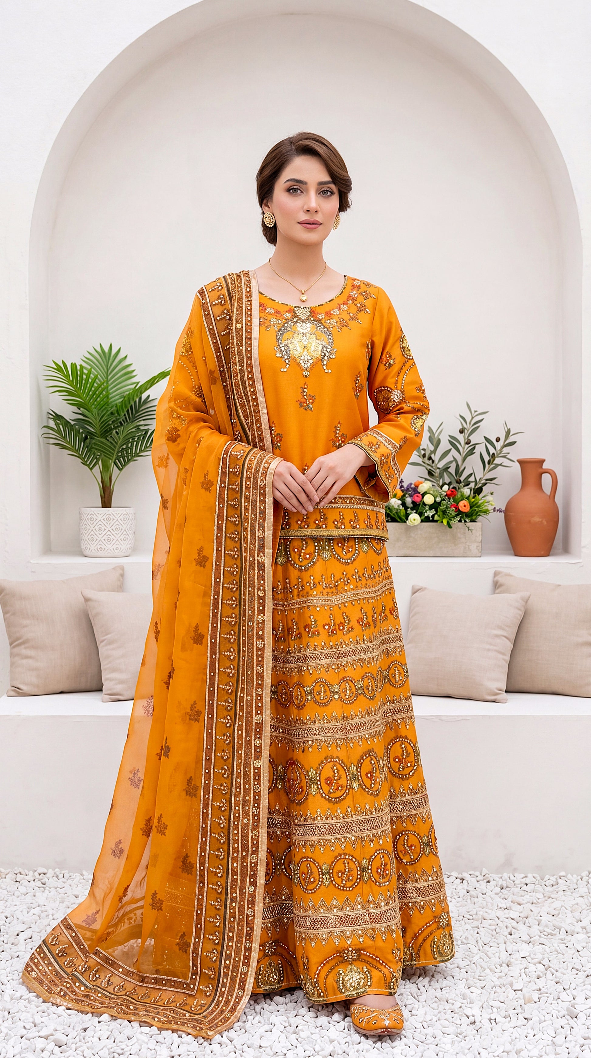 Luxury Formal PL00910 Rust Orange Embroidered Flared 3 Piece YELLOW / SML