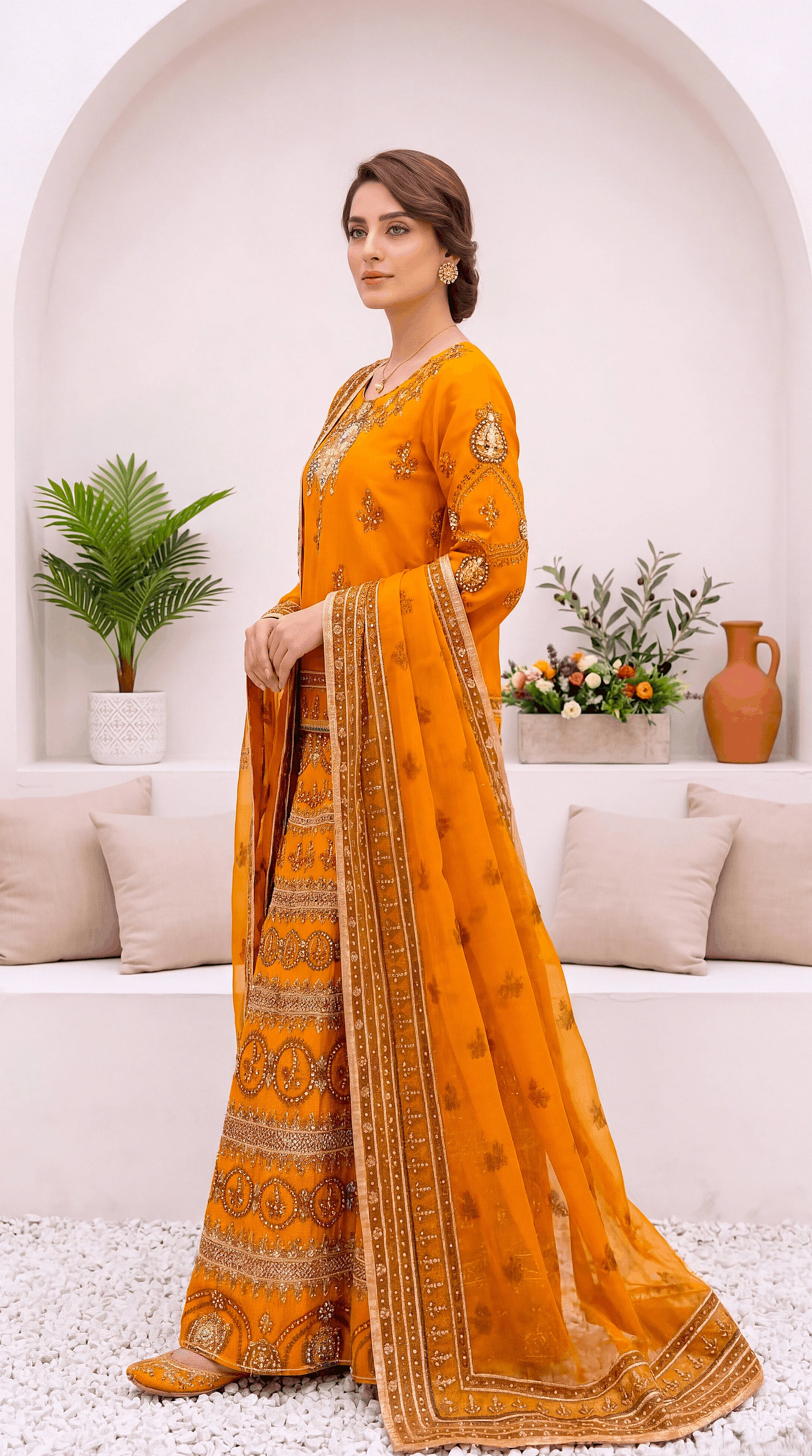 Luxury Formal PL00910 Rust Orange Embroidered Flared 3 Piece YELLOW / SML