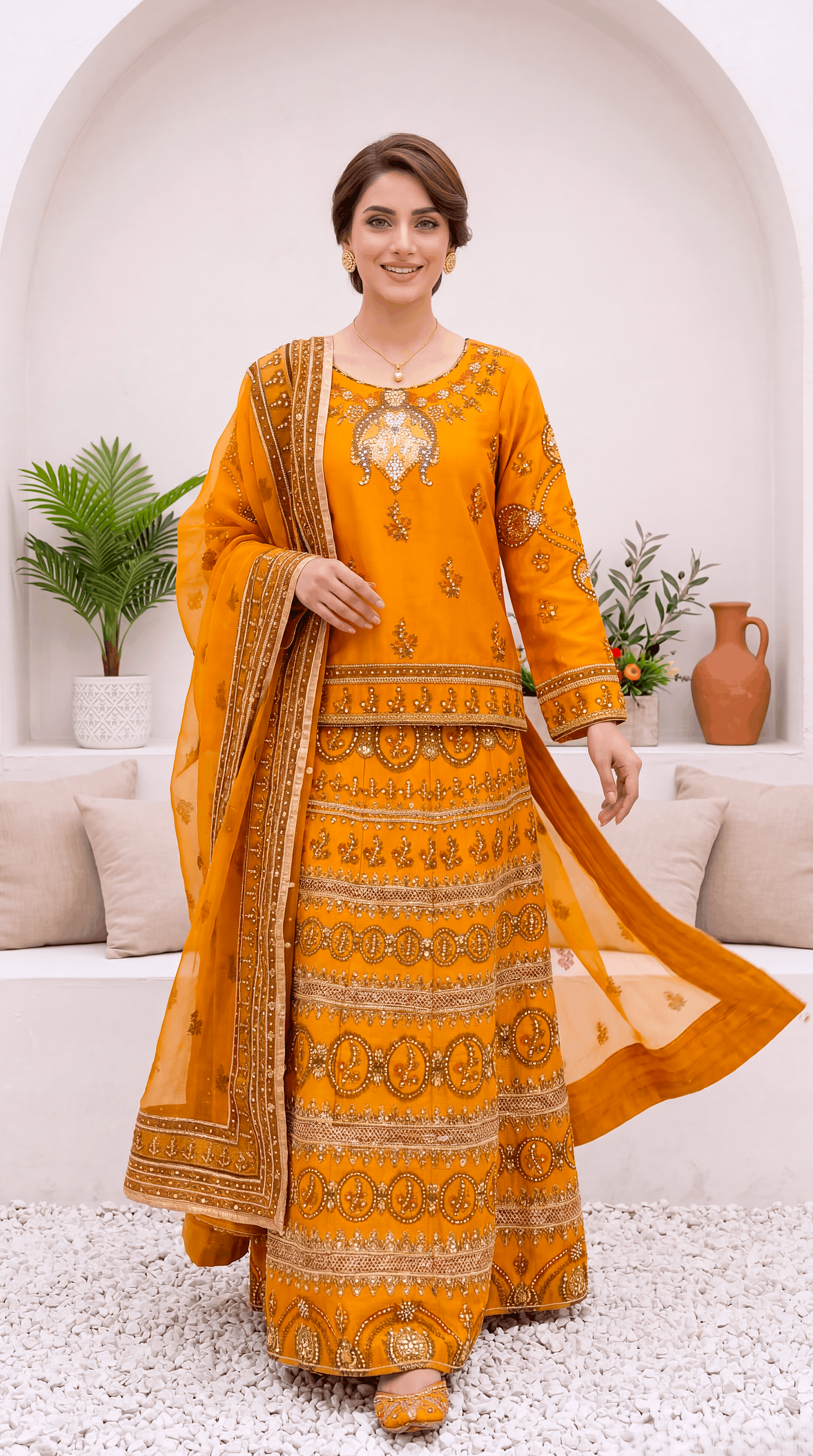 Luxury Formal PL00910 Rust Orange Embroidered Flared 3 Piece YELLOW / SML