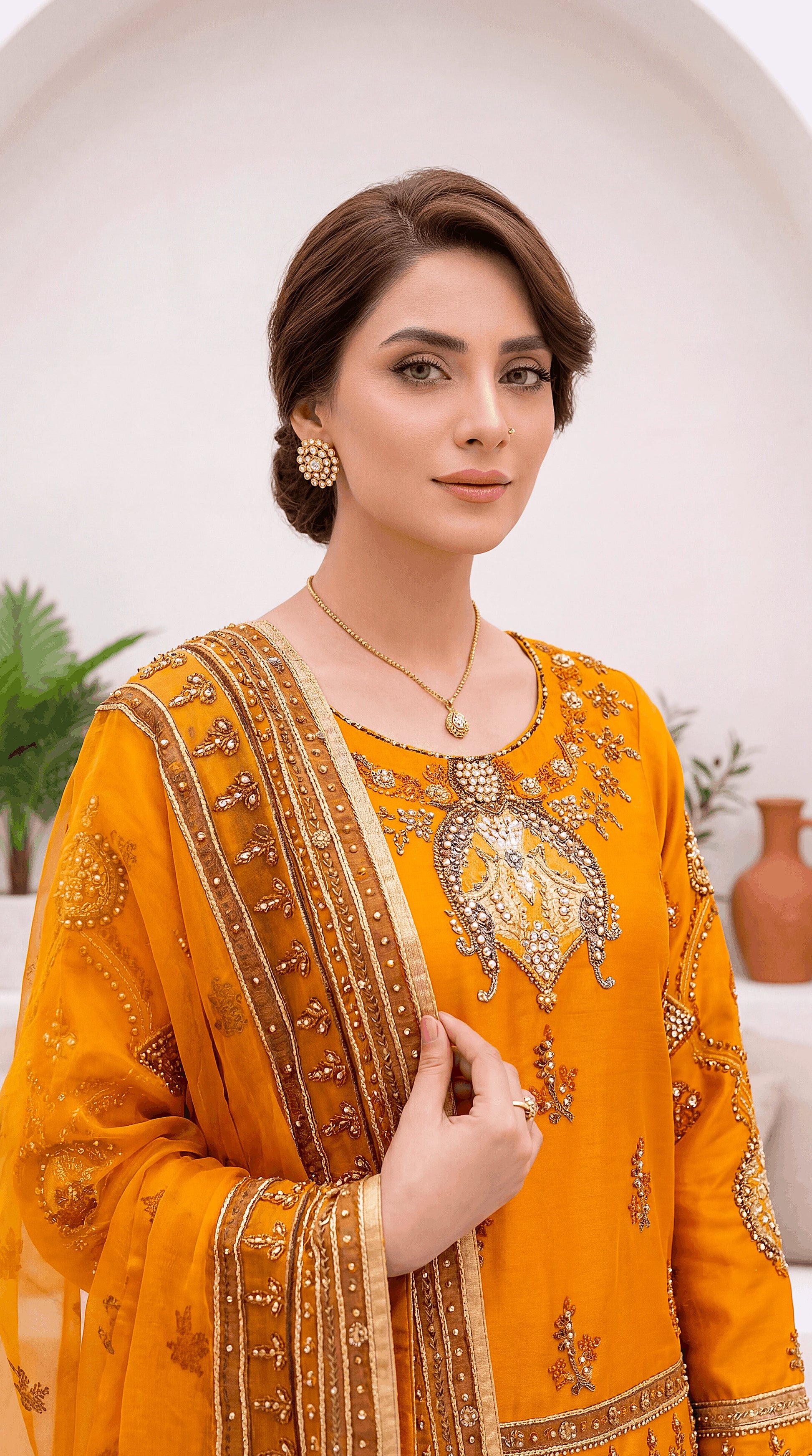 Luxury Formal PL00910 Rust Orange Embroidered Flared 3 Piece YELLOW / SML