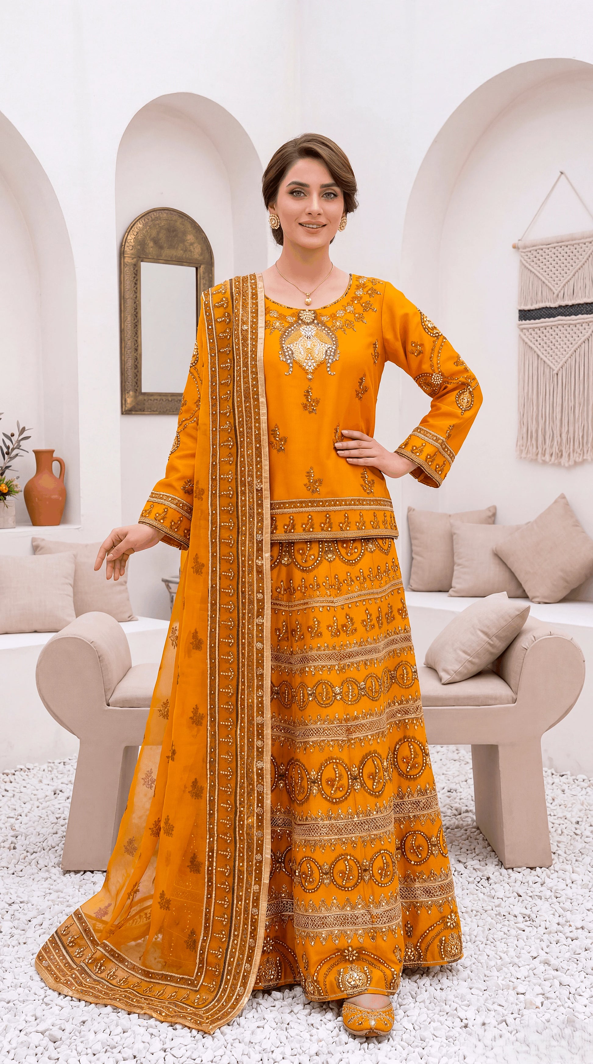 Luxury Formal PL00910 Rust Orange Embroidered Flared 3 Piece YELLOW / SML