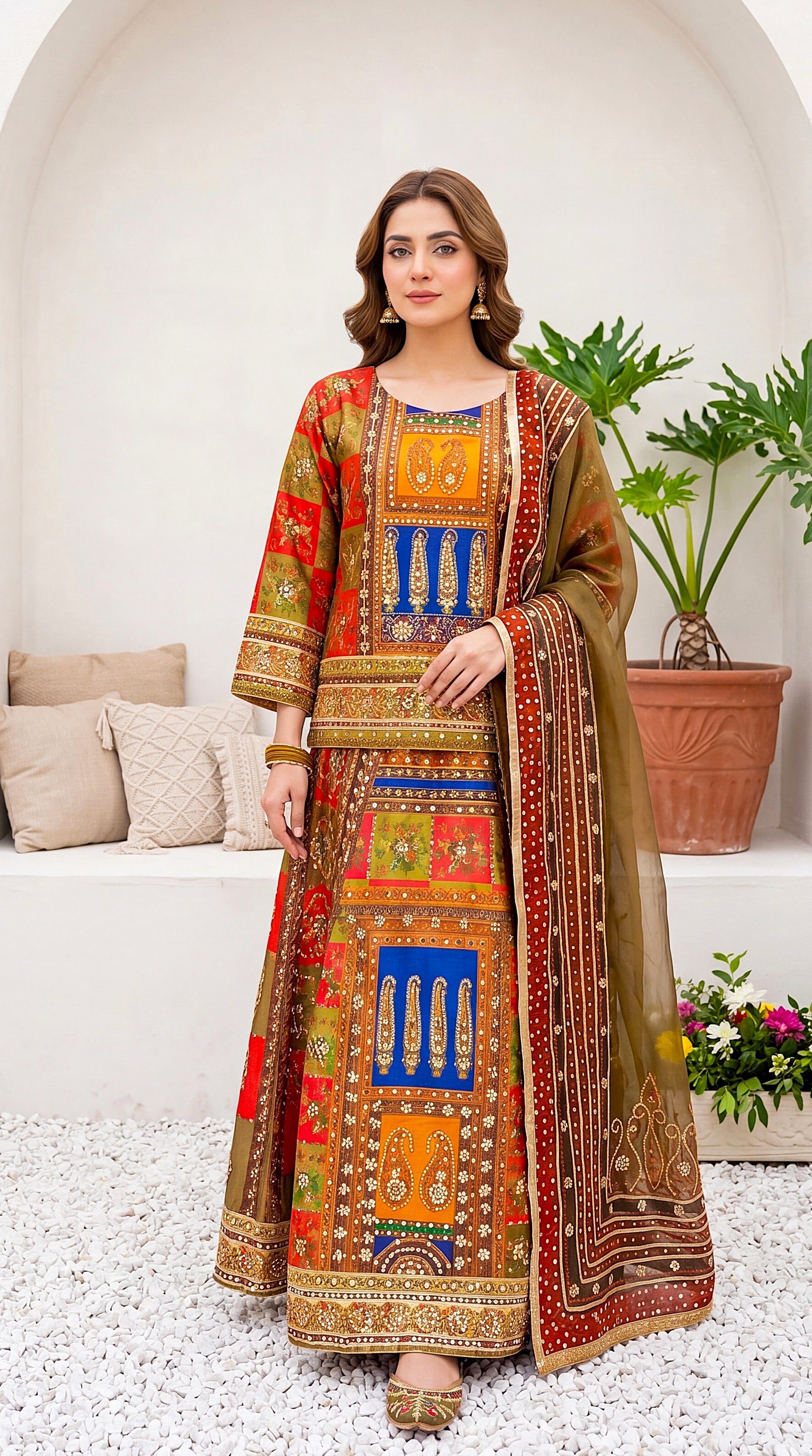 Luxury Formal PL00911 Multicolor Ethnic Mirror Work 3 Piece GREEN / SML
