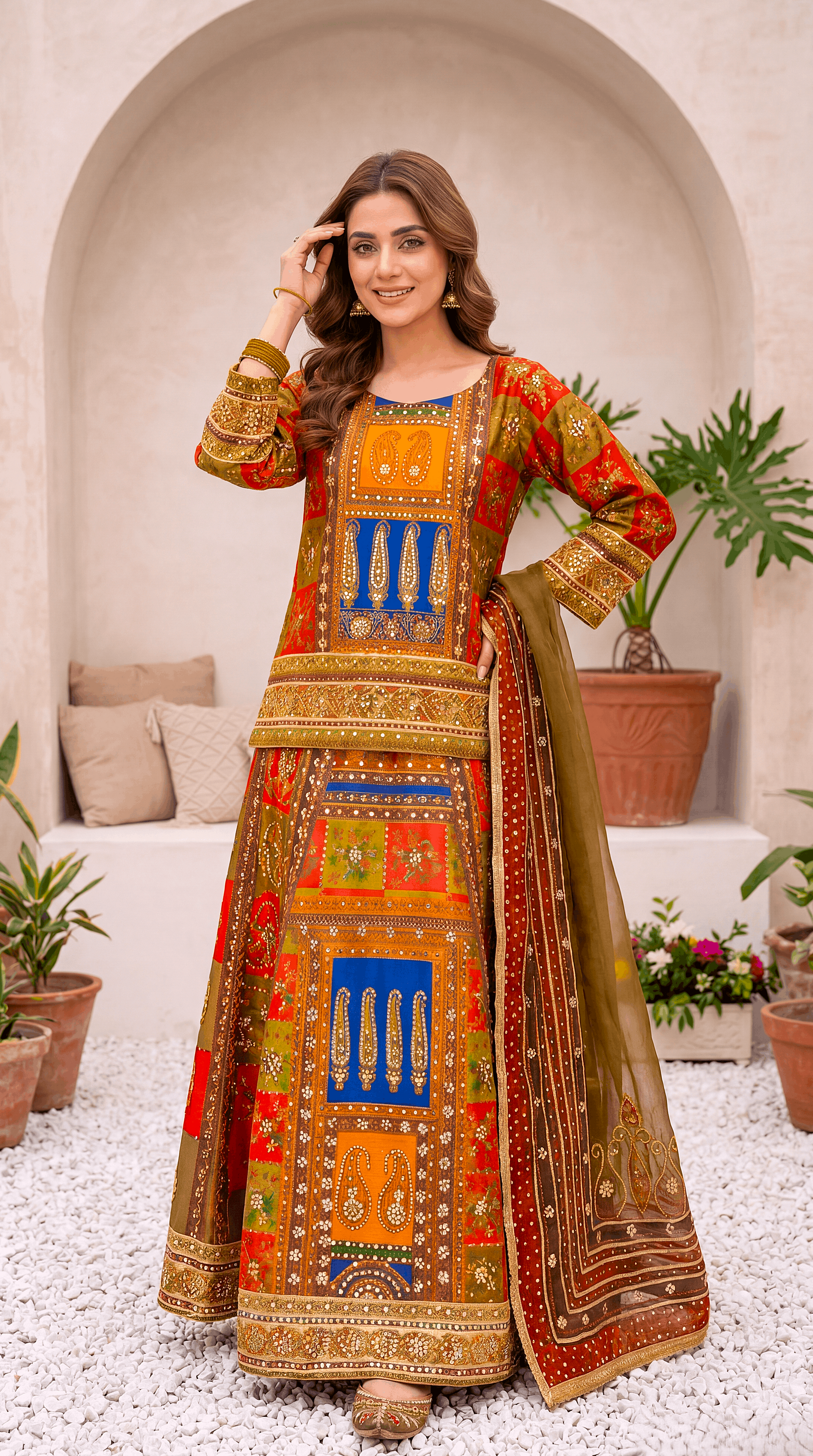 Luxury Formal PL00911 Multicolor Ethnic Mirror Work 3 Piece GREEN / SML