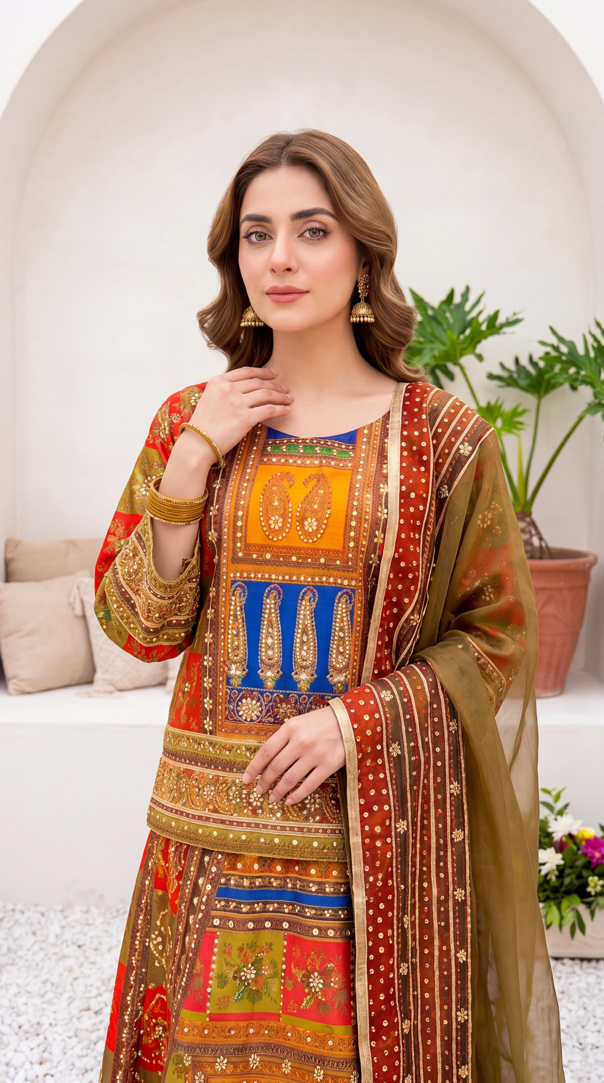 Luxury Formal PL00911 Multicolor Ethnic Mirror Work 3 Piece GREEN / SML